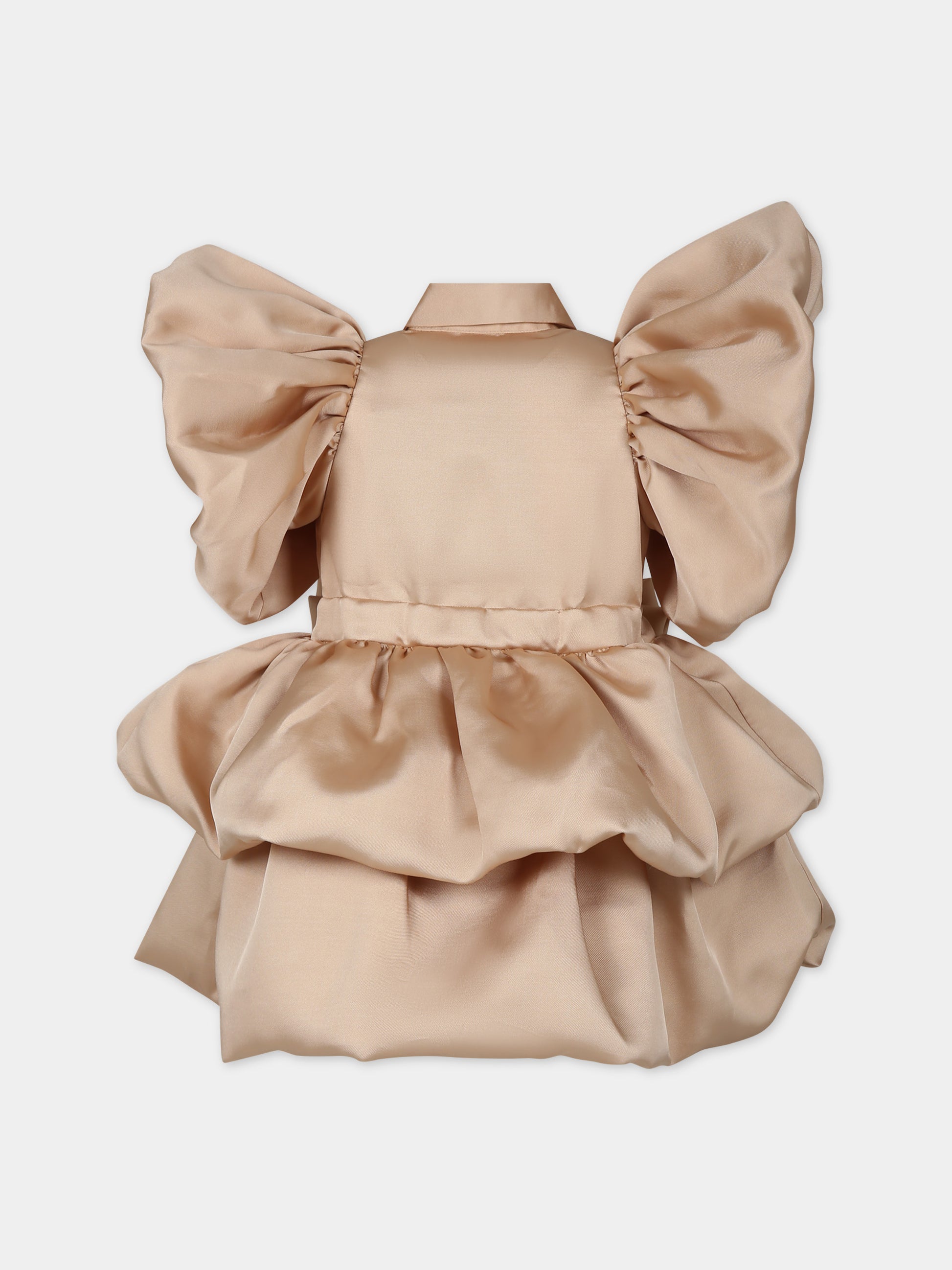 Vestito beige per bambina con ruches e fiocco,Caroline Bosmans,SS24 4006B 60 4011
