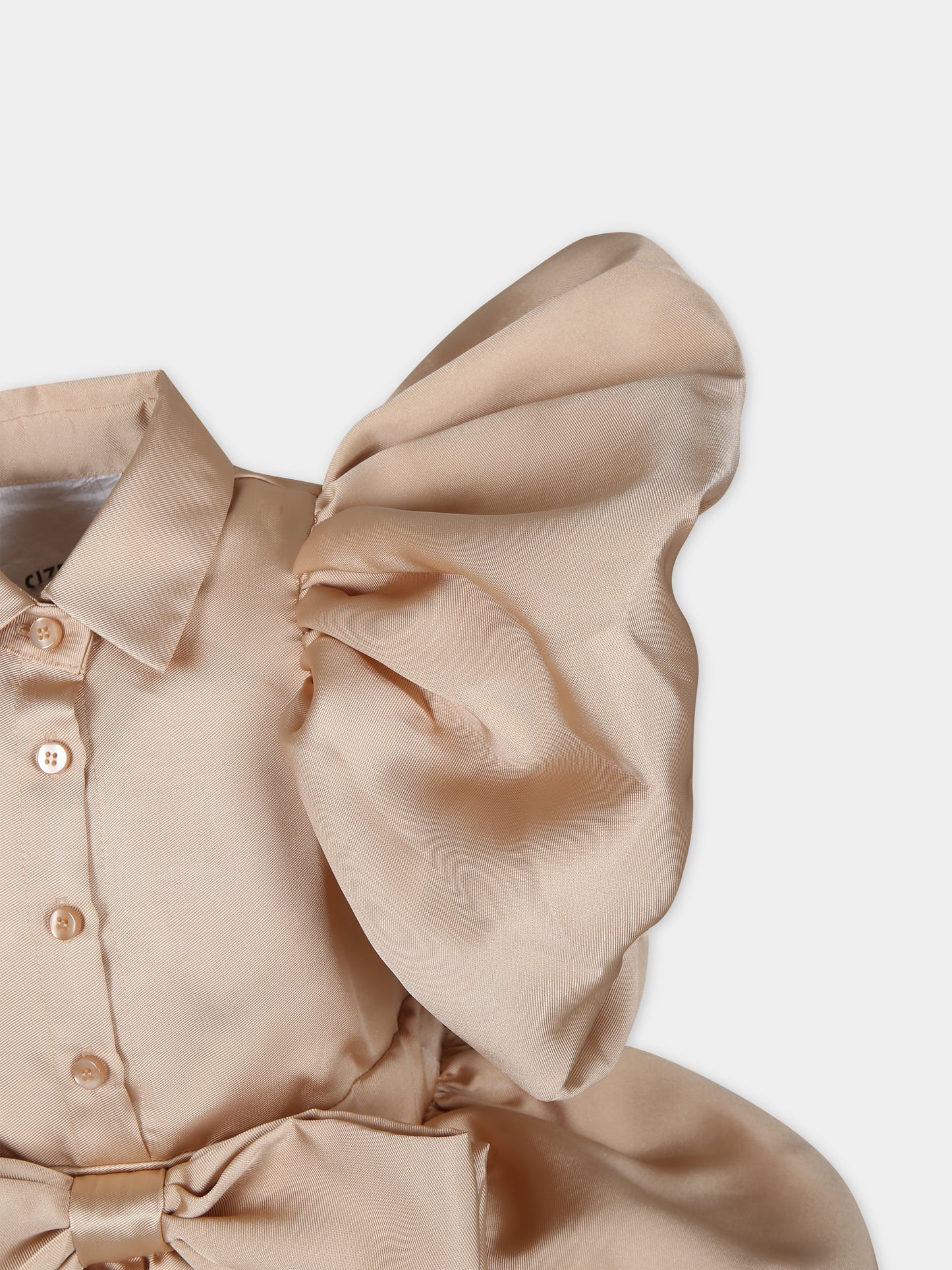Vestito beige per bambina con ruches e fiocco,Caroline Bosmans,SS24 4006B 60 4011