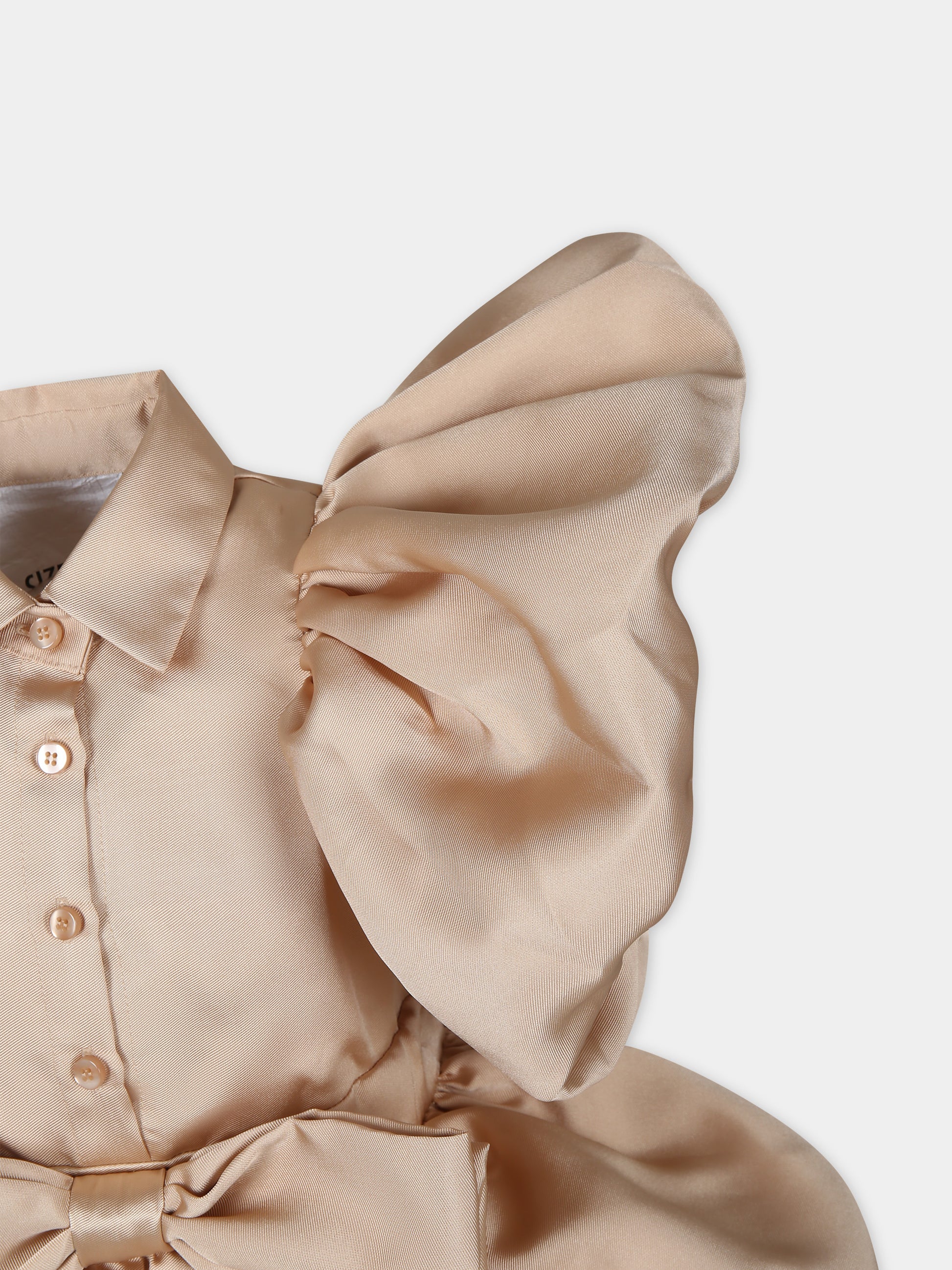 Vestito beige per bambina con ruches e fiocco,Caroline Bosmans,SS24 4006B 60 4011