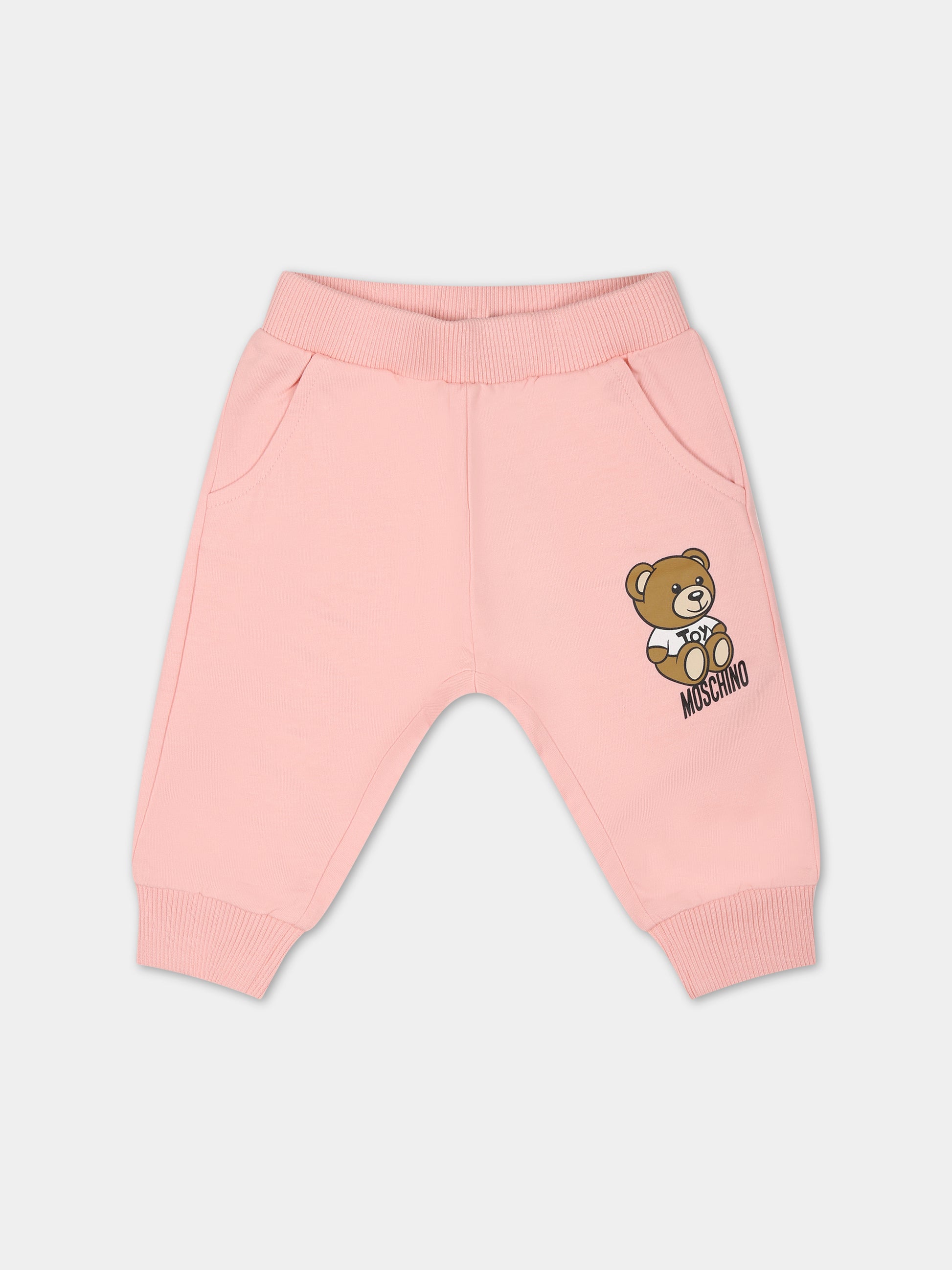 Pantaloni rosa per neonata con Teddy Bear e logo,Moschino Kids,MUP04G LCA19 50209