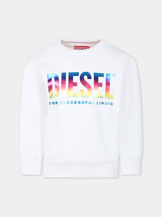 Felpa bianca per bambini con stampa logo,Diesel,J00983 0IAJH K100