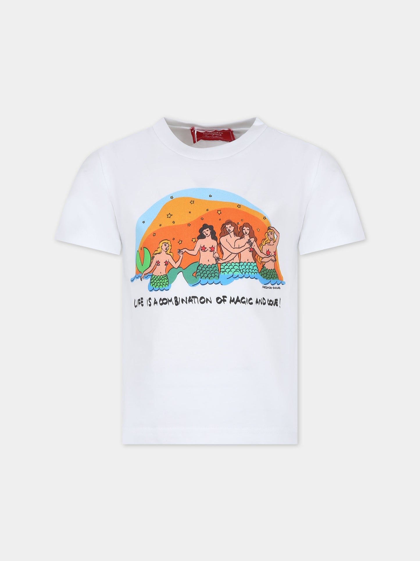 T-shirt bianca per bambina con stampa sirene e stelle,Alessandro Enriquez X Barcellino,112709