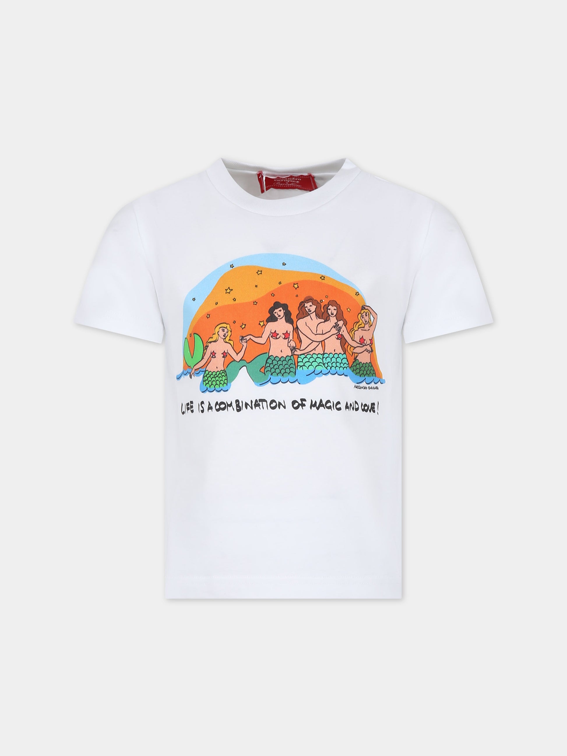T-shirt bianca per bambina con stampa sirene e stelle,Alessandro Enriquez X Barcellino,112709