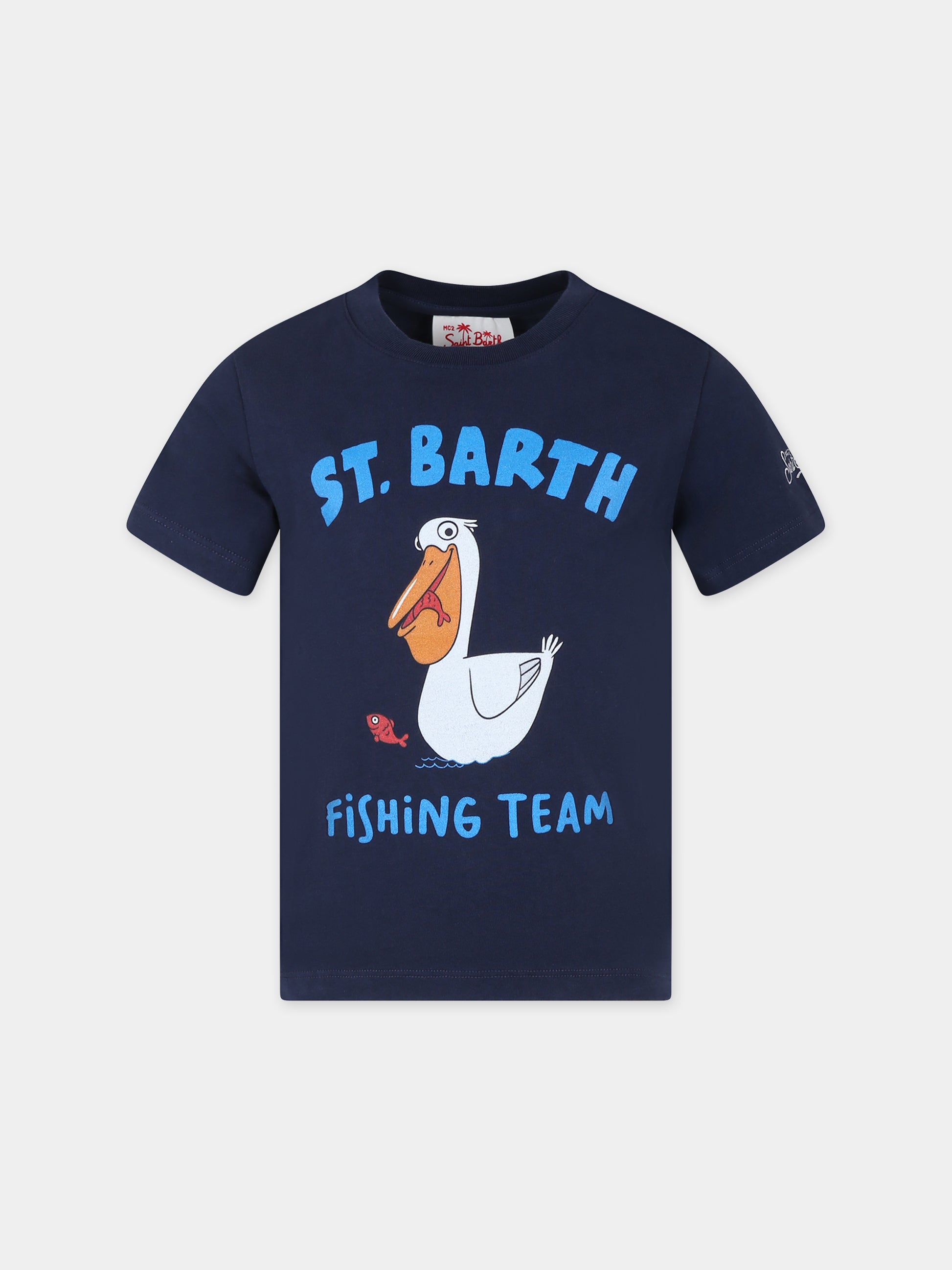 T-shirt blu per bambino con stampa pellicano e logo,Mc2 Saint Barth,TSH0001 02177F