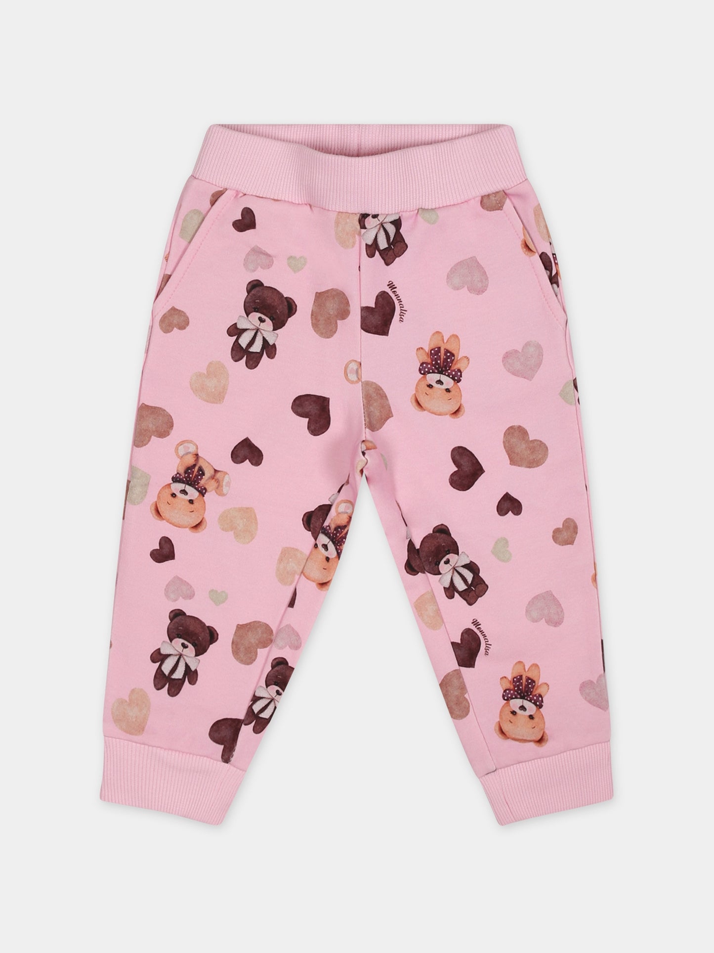Pantaloni rosa per neonata con stampa orso e cuori,Monnalisa,39B408 2071 092S