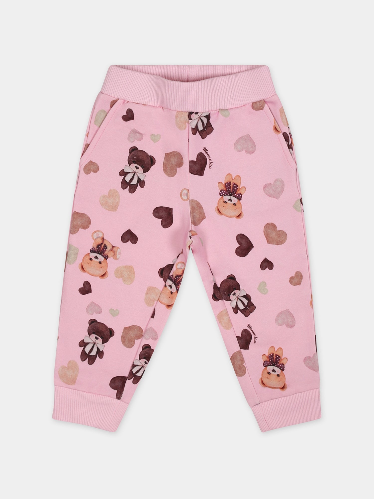 Pantaloni rosa per neonata con stampa orso e cuori,Monnalisa,39B408 2071 092S