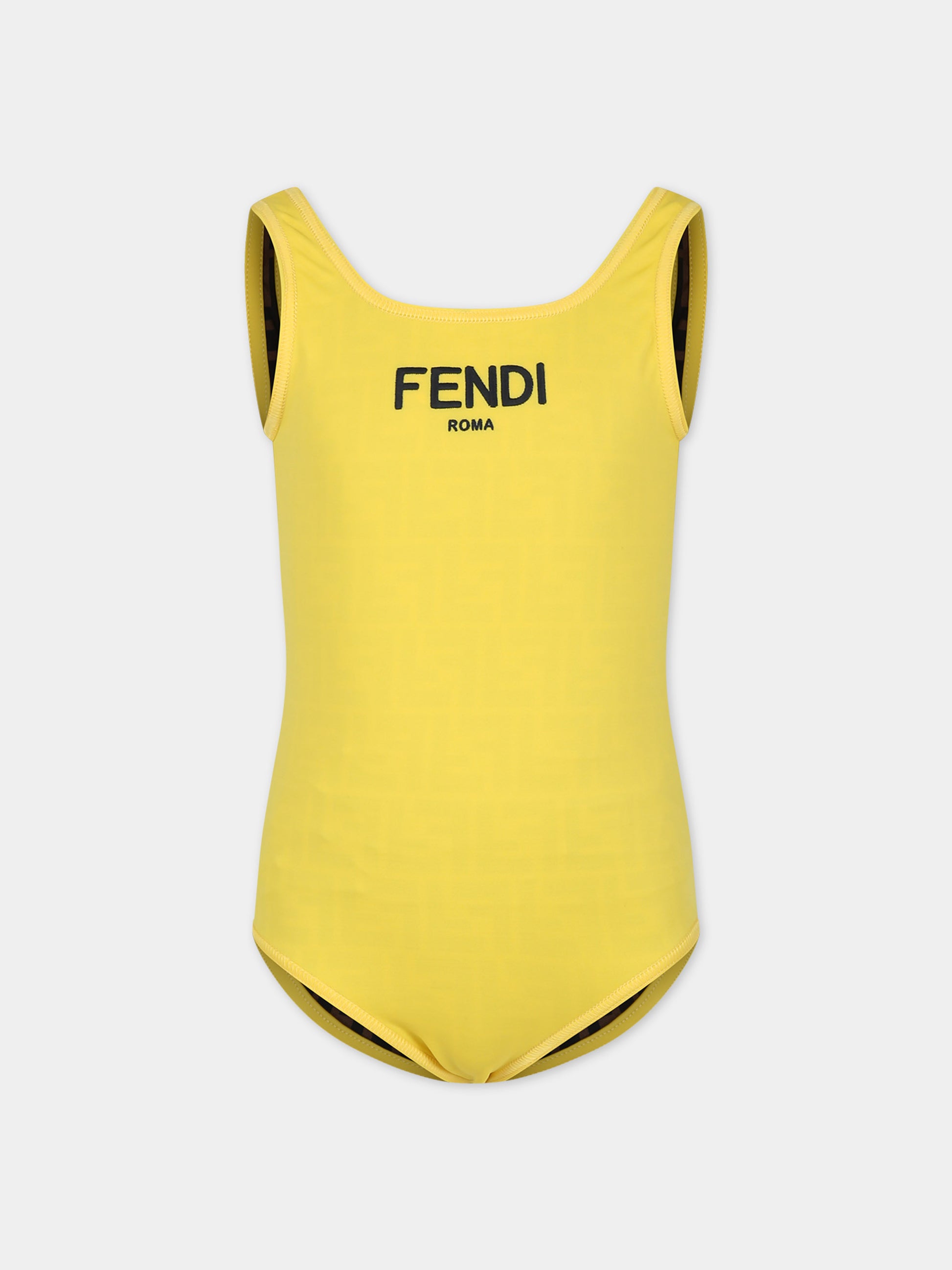 Costume intero reversibile marrone per bambina con iconiche FF e logo Fendi,Fendi Kids,JFM035 AQUD F17QF