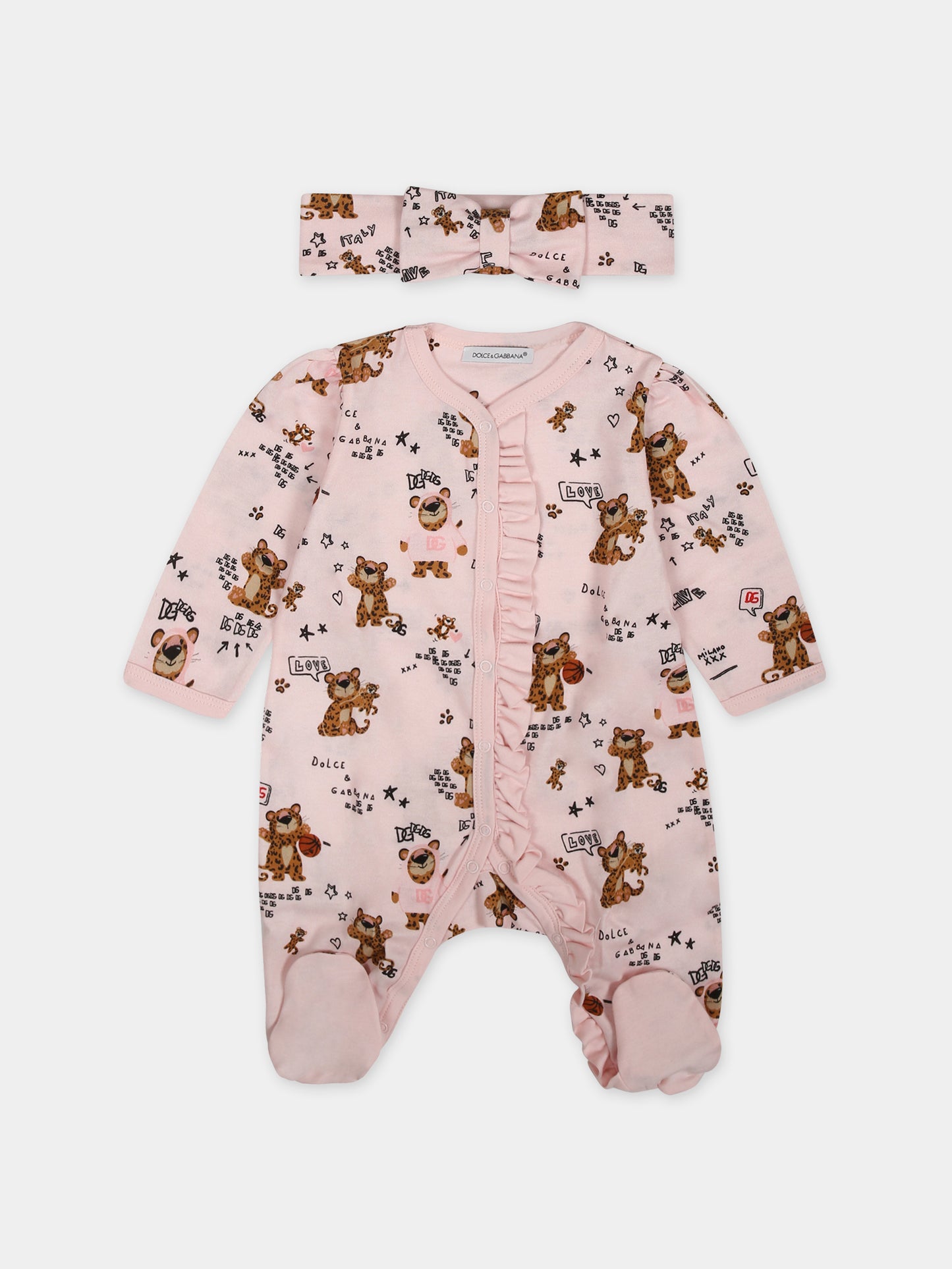 Set rosa per neonata con logo e leopardi,Dolce & Gabbana Kids,L2JG22 G7G4M HF4HN