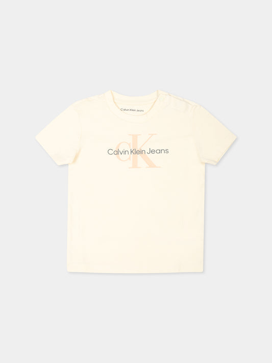 T-shirt beige per neonata con logo,Calvin Klein Kids,IN0IN00001J 0F4