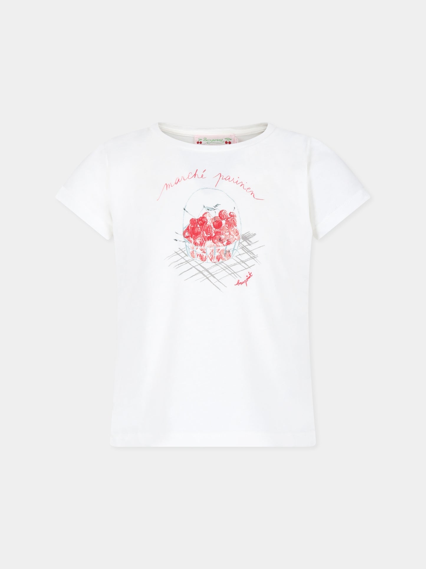 T-shirt bianca per bambina con ciliegie,Bonpoint,P04GTSK00001 102