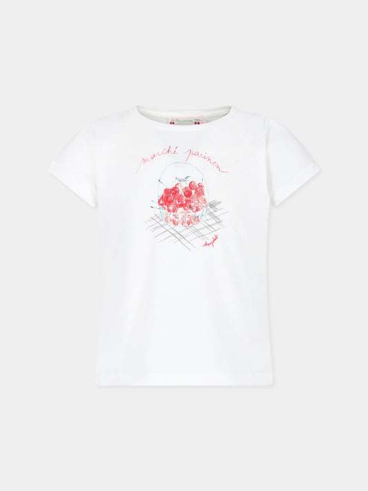 T-shirt bianca per bambina con ciliegie,Bonpoint,P04GTSK00001 102