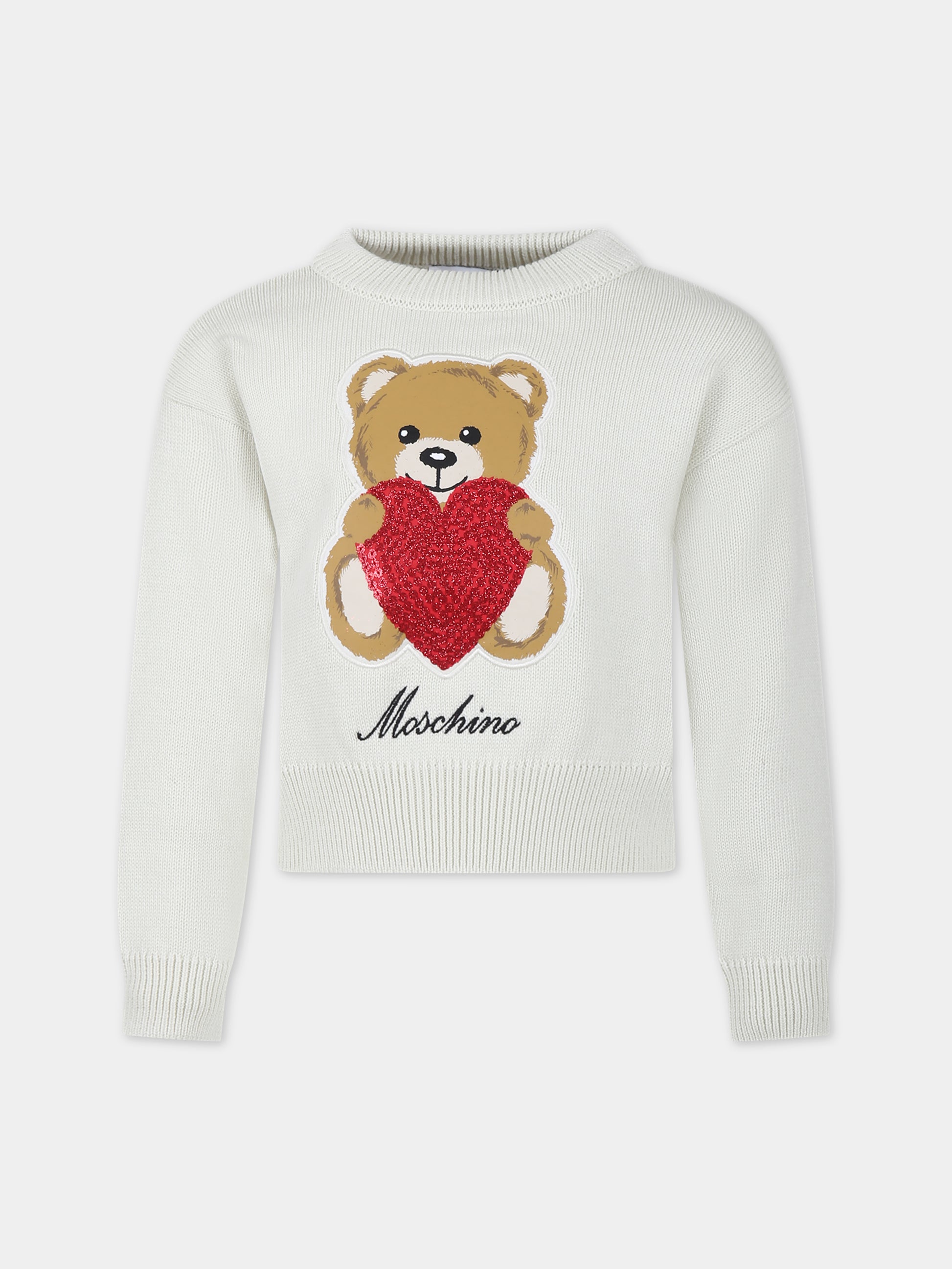 Maglione bianco per bambina con Teddy Bear e cuore,Moschino Kids,HDW01R LHE43 10063