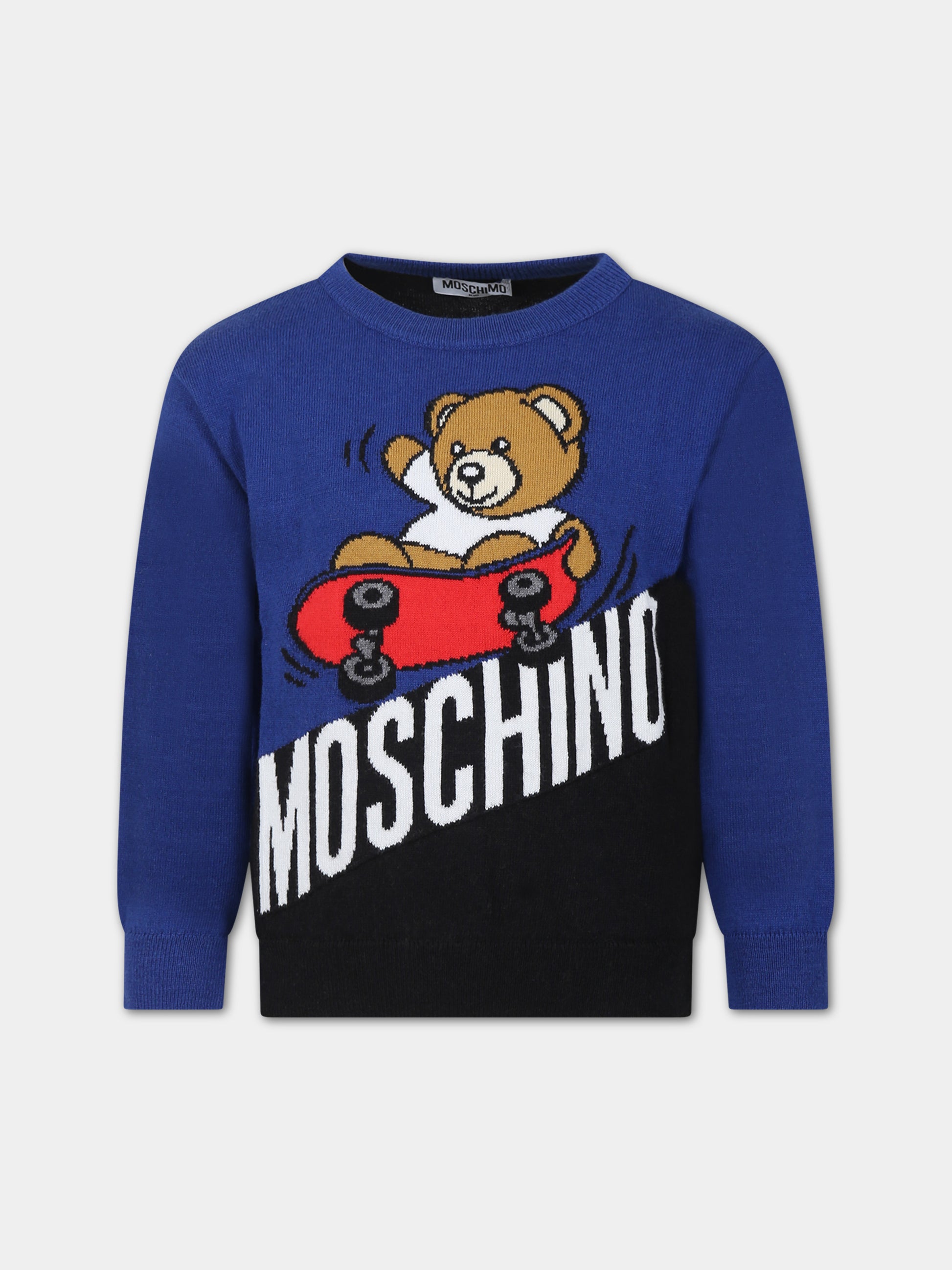 Maglione blu per bambino con Teddy Bear e skateboard,Moschino Kids,HQW00J LHE43 40457