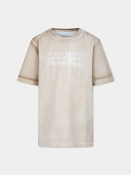 T-shirt beige per bambini con stampa numeri,Mm6 Maison Margiela,M60669 MM04G MM6T102U M6705