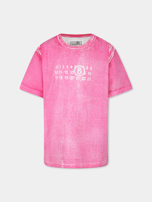 T-shirt fucsia per bambina con stampa numeri,Mm6 Maison Margiela,M60669 MM04G MM6T102U M6307