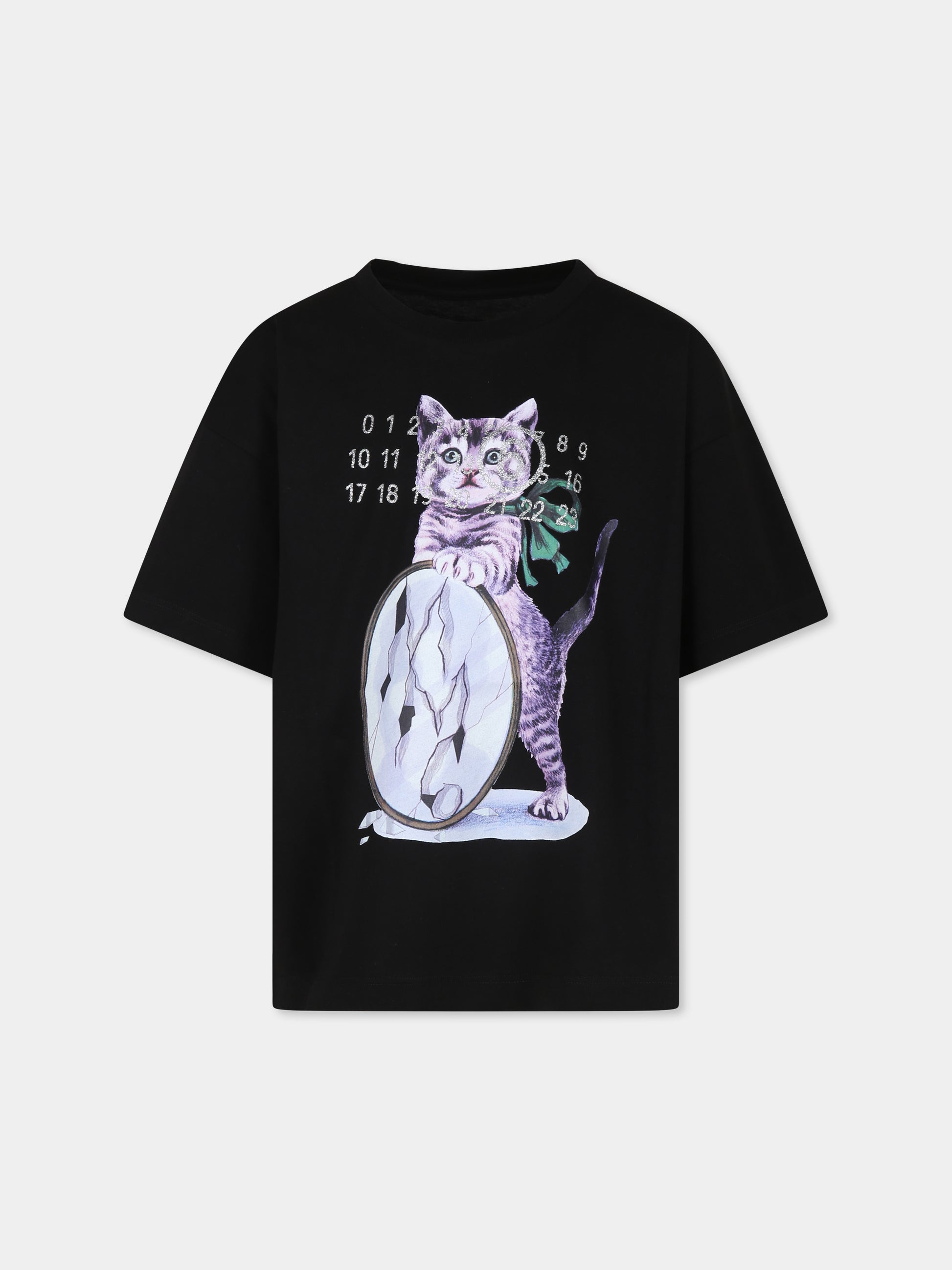 T-shirt nera per bambina con stampa gatto e numeri,Mm6 Maison Margiela,M60673 MM009 MM6T106U M6900