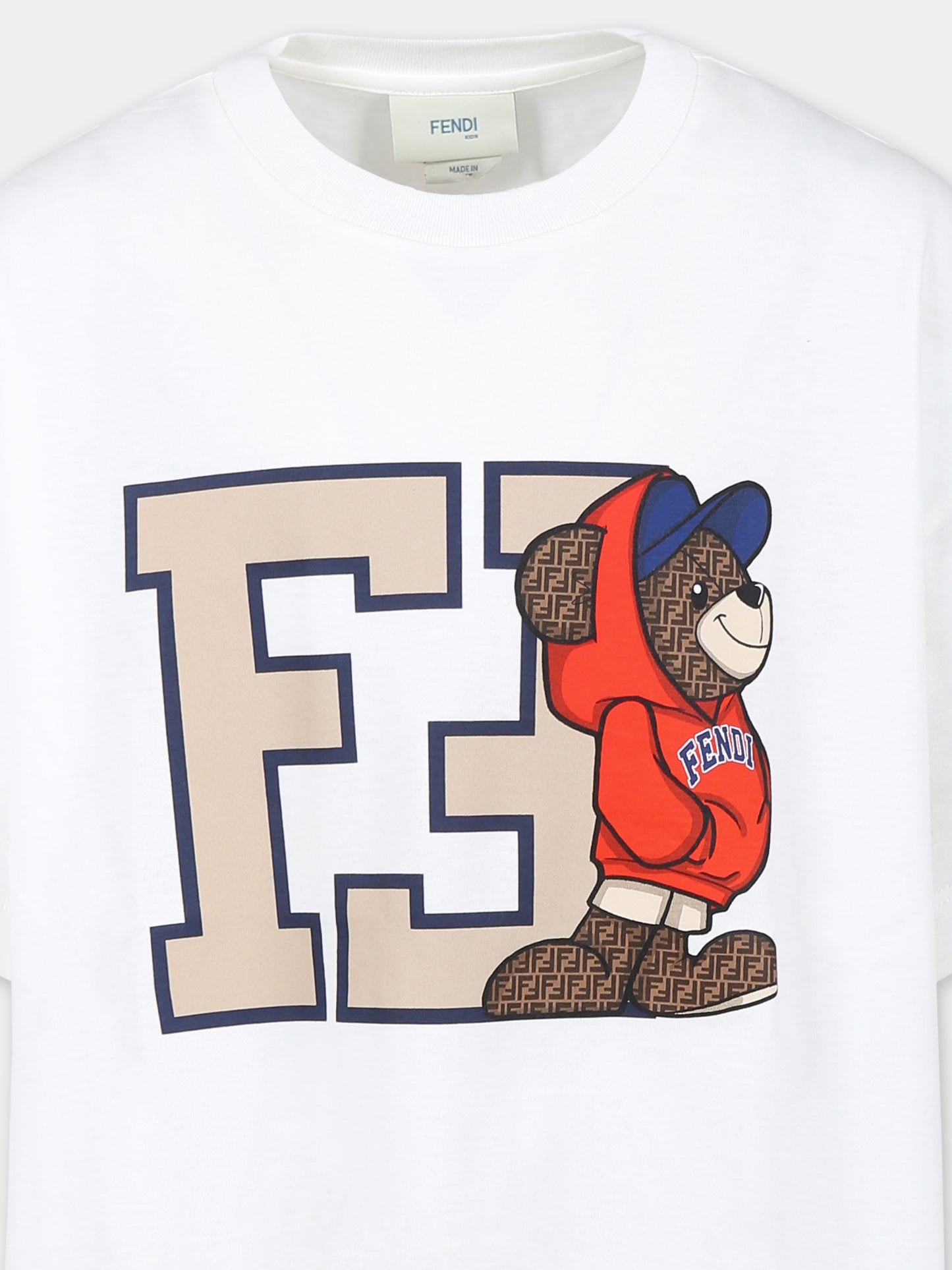 T-shirt bianca per bambino con stampa orsetto Fendi