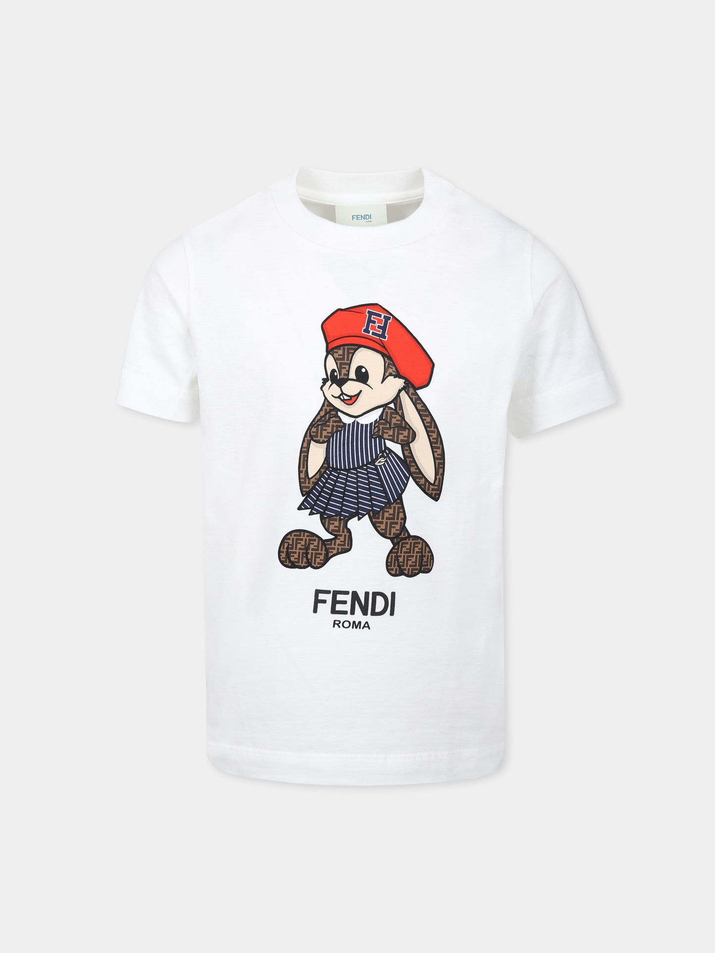 T-shirt bianca per bambina con coniglio Fendi,Fendi Kids,JFI359 7AJ F0TU9