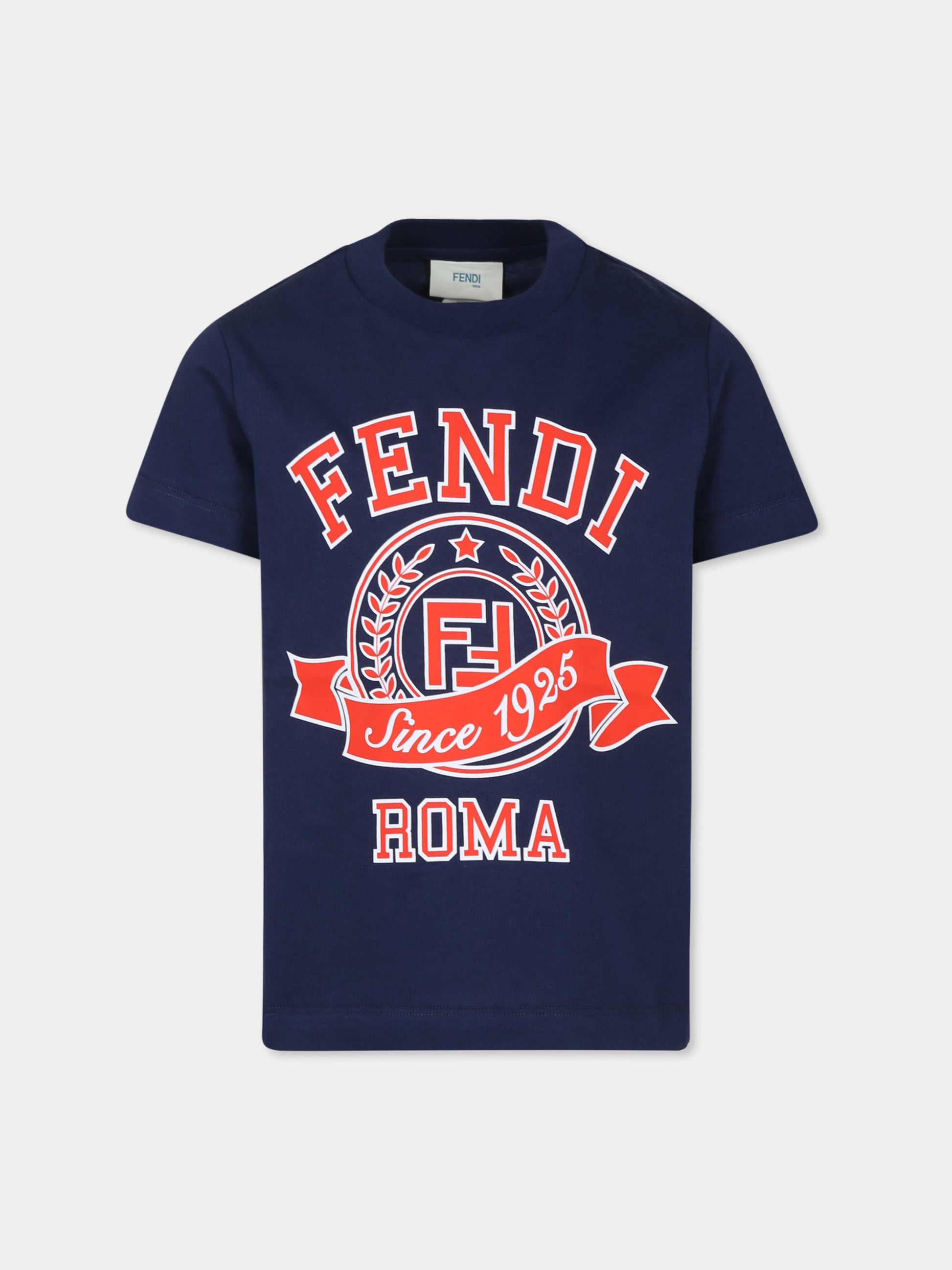 T-shirt blu per bambini con logo Fendi,Fendi Kids,JUI164 7AJ F1I11