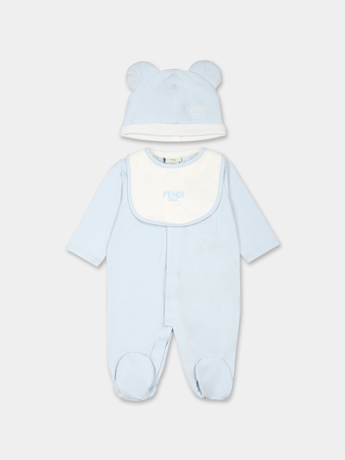 Set tutina celeste per neonato con orsetto e logo Fendi,Fendi Kids,BUK119 ST8 F19J4