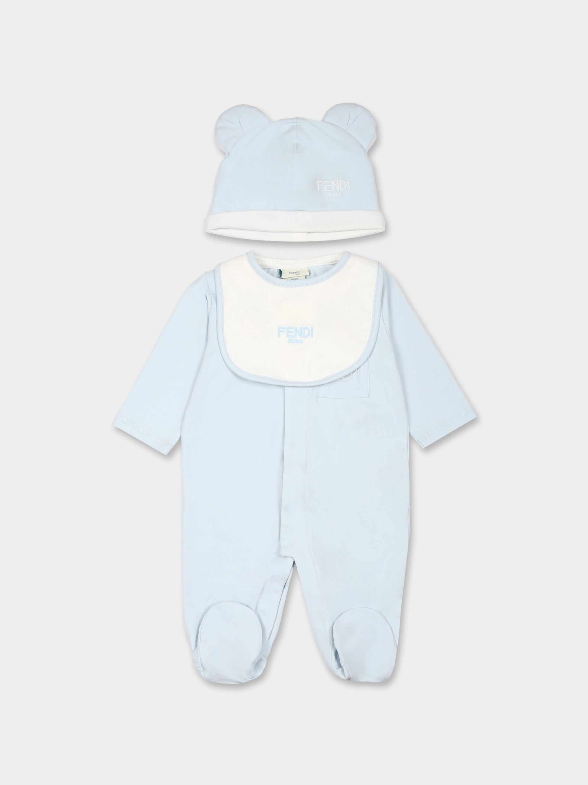 Set tutina celeste per neonato con orsetto e logo Fendi,Fendi Kids,BUK119 ST8 F19J4