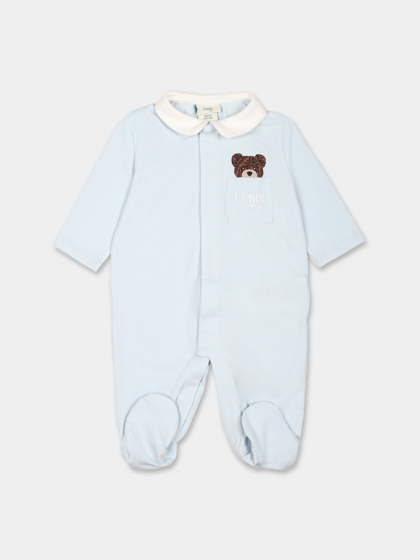 Set tutina celeste per neonato con orsetto e logo Fendi,Fendi Kids,BUK119 ST8 F19J4