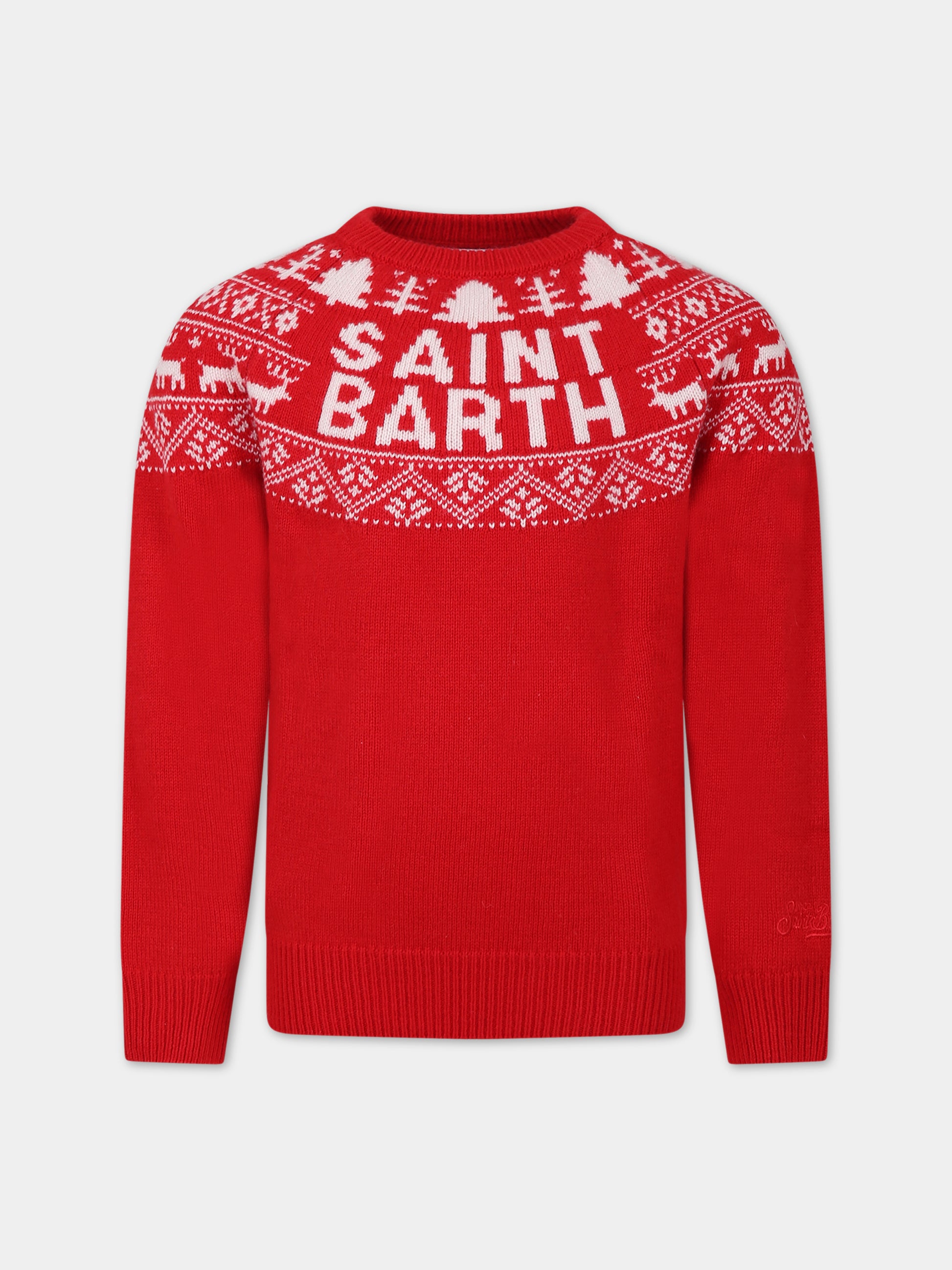 Maglione rosso per bambini con con stampa jacquard logo,Mc2 Saint Barth,PRINCESS REINDEER BARTH