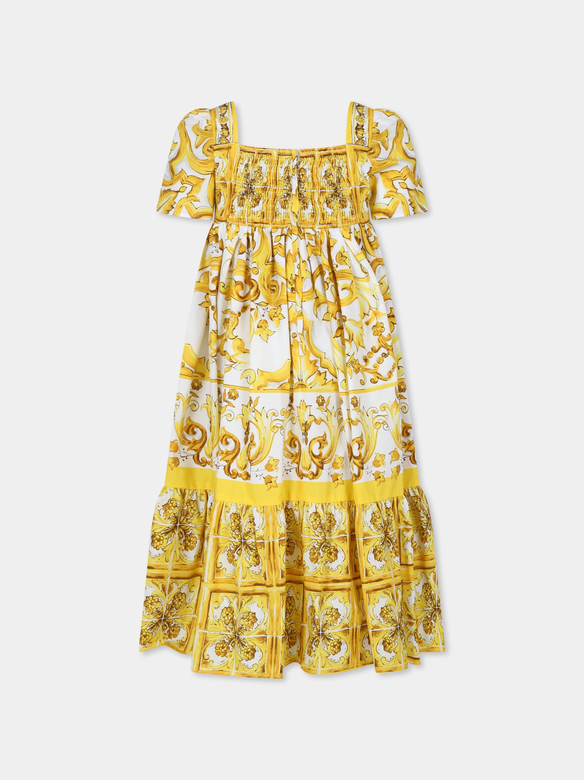 Vestito giallo per bambina con stampa maiolica gialla,Dolce & Gabbana Kids,L53DE7 G7EY0 HG3TN