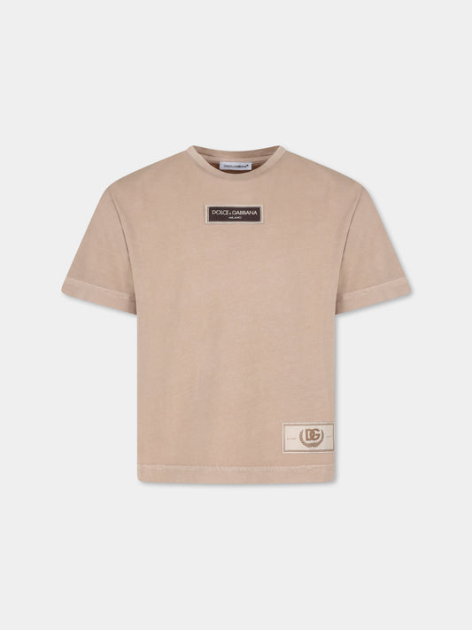 T-shirt beige per bambino con logo,Dolce & Gabbana Kids,L4JTHV G7NXK M0131