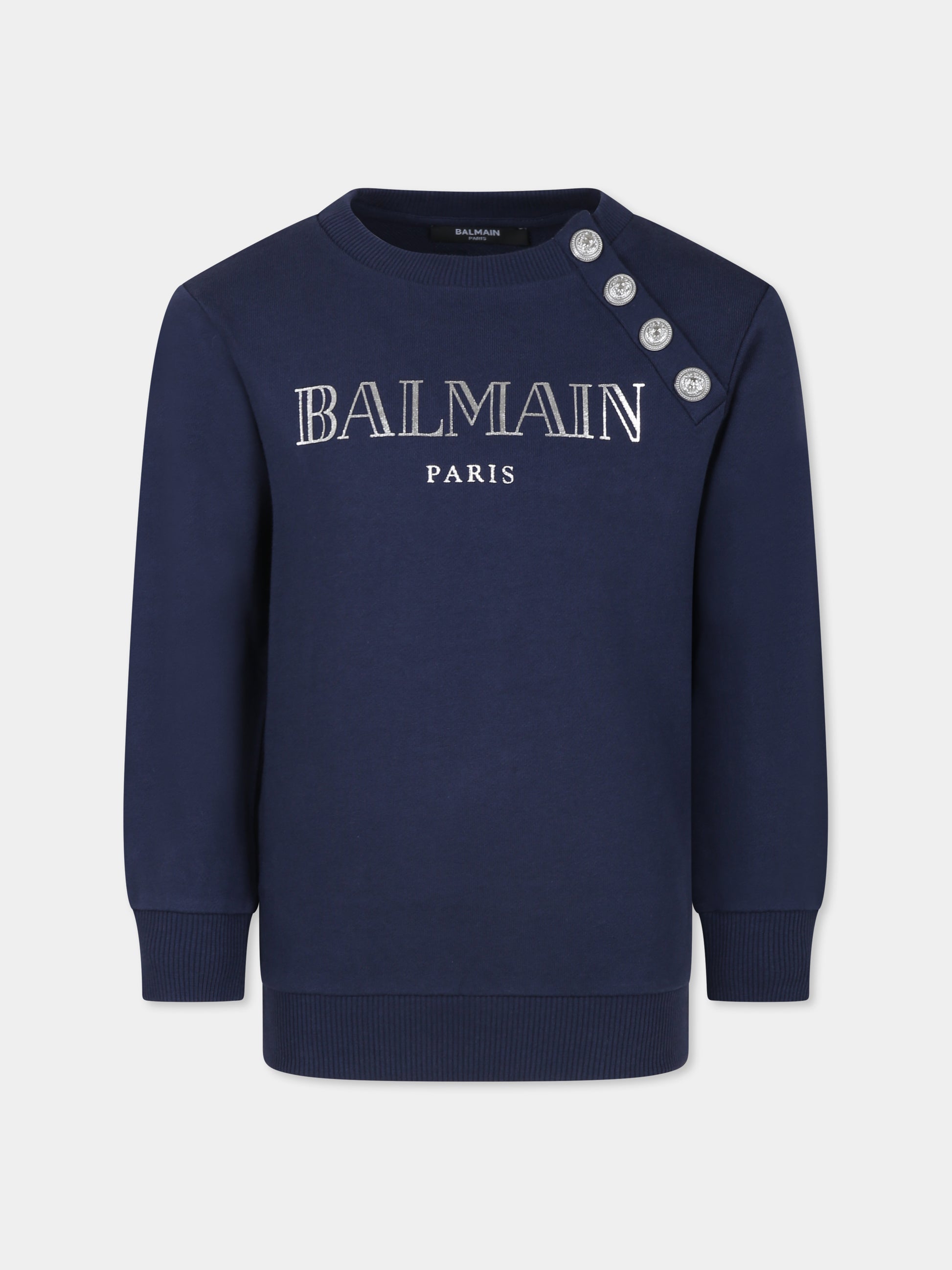 Felpa blu per bambina con logo argento,Balmain Kids,BV4Q20 Z0114 649AG