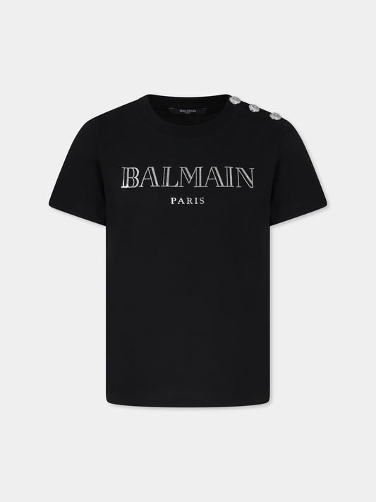 T-shirt nera per bambina con logo argento,Balmain Kids,BV8Q21 Z0116 930AG