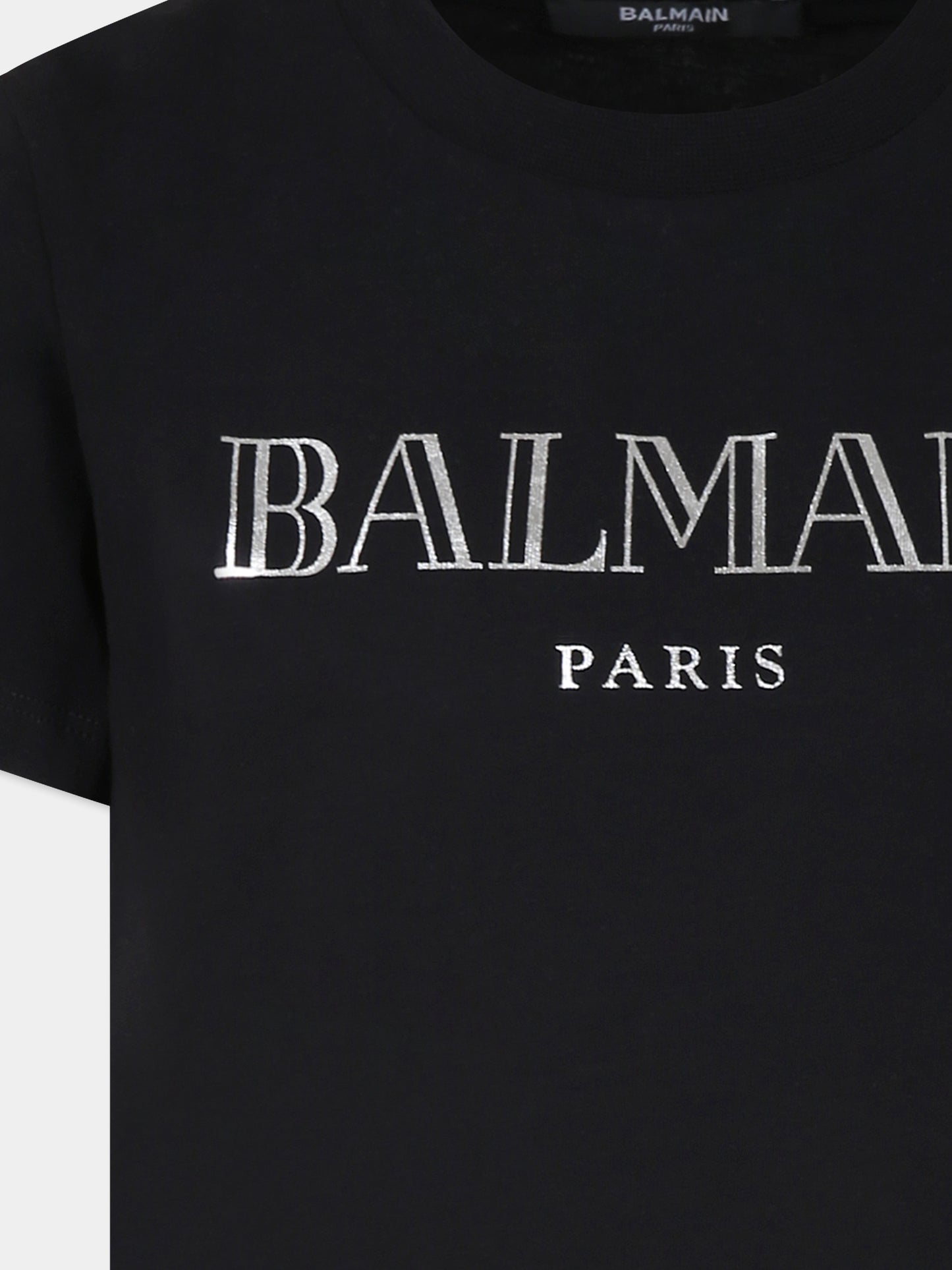 T-shirt nera per bambina con logo argento,Balmain Kids,BV8Q21 Z0116 930AG