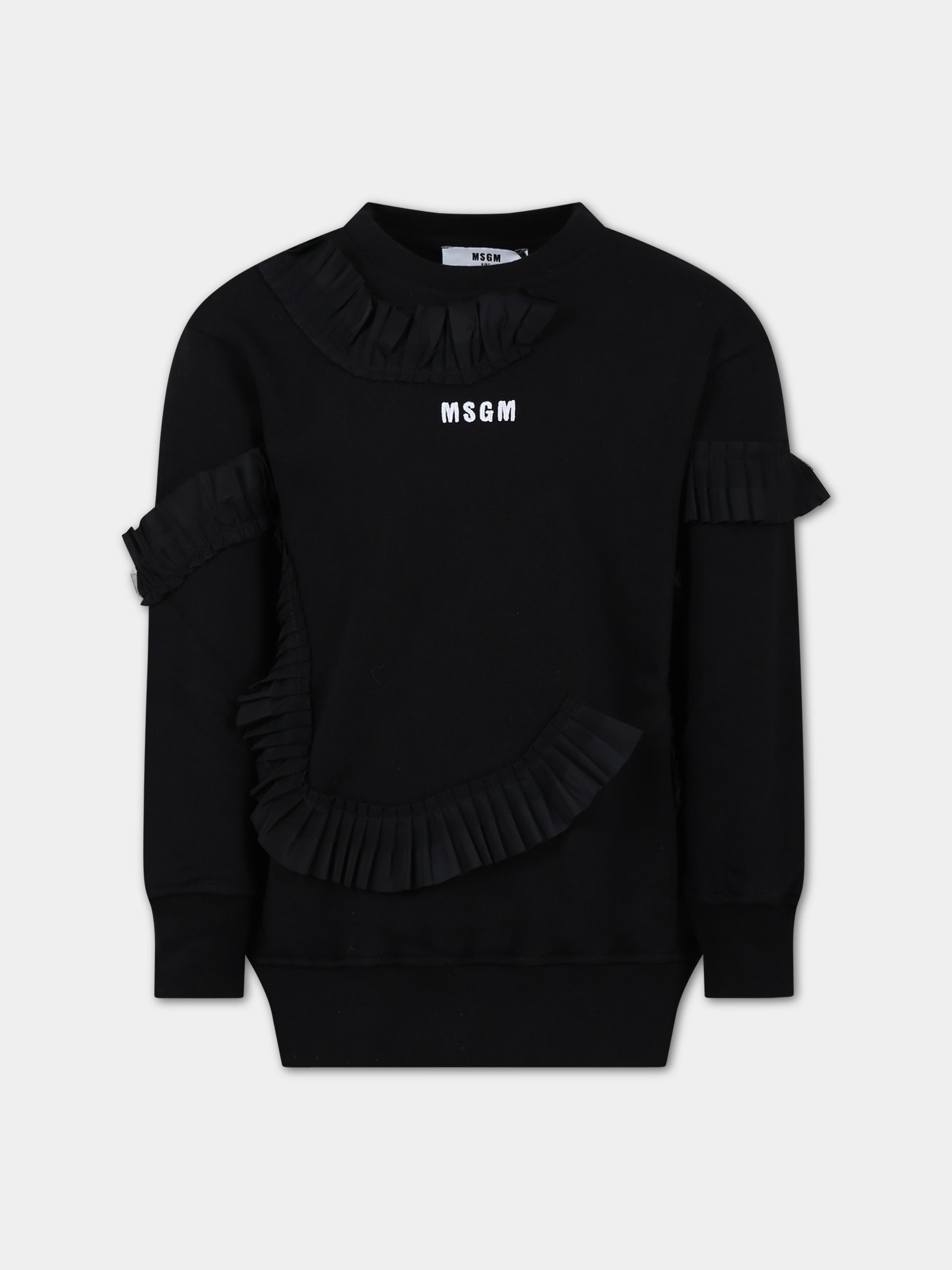 Maxi felpa nera per bambina con rouches e logo,Msgm Kids,F3MSJGMS214 110