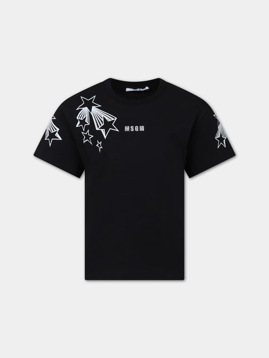 T-shirt nera per bambina con logo e stelle,Msgm Kids,F3MSJGTH135 110