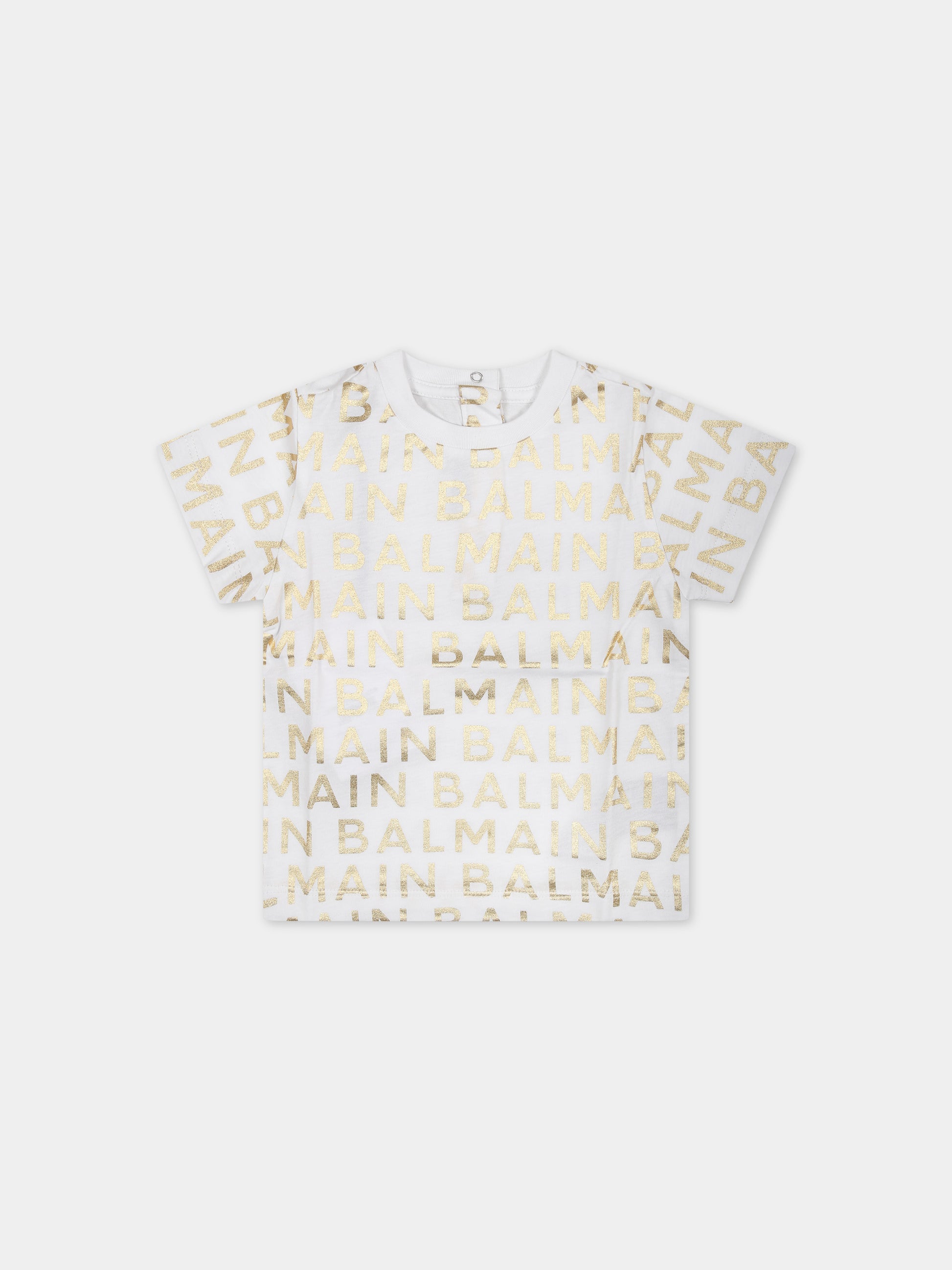 T-shirt bianca per neonati con logo oro all-over,Balmain Kids,BT8541 Z1523 100OR