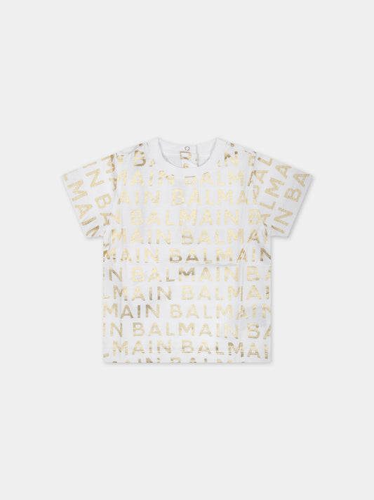 T-shirt bianca per neonati con logo oro all-over,Balmain Kids,BT8541 Z1523 100OR