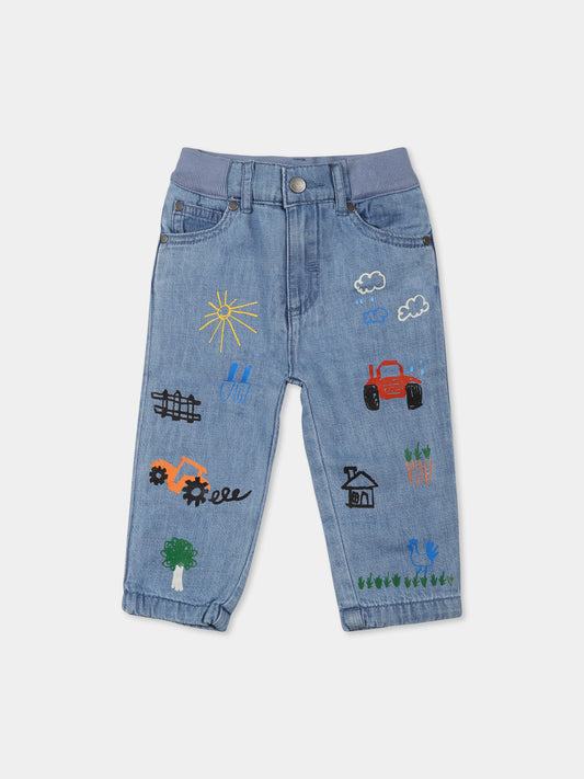 Jeans blu per neonato con stampa trattori,Stella Mccartney Kids,TV6550 Z0522 666