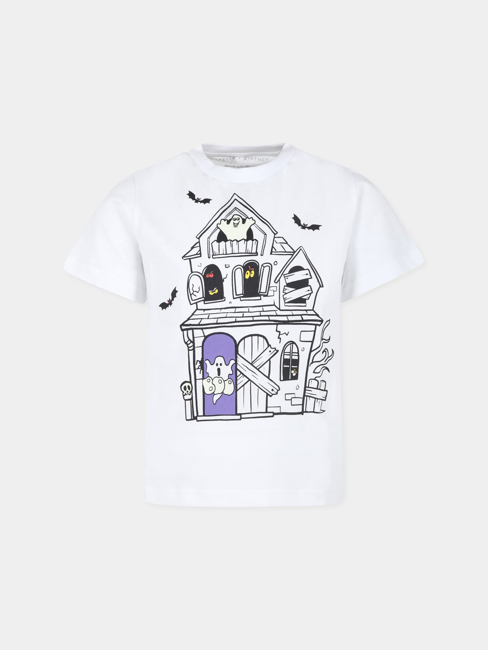 T-shirt bianca per bambino con stampa casa infestata,Stella Mccartney Kids,TV8P21 Z0434 100