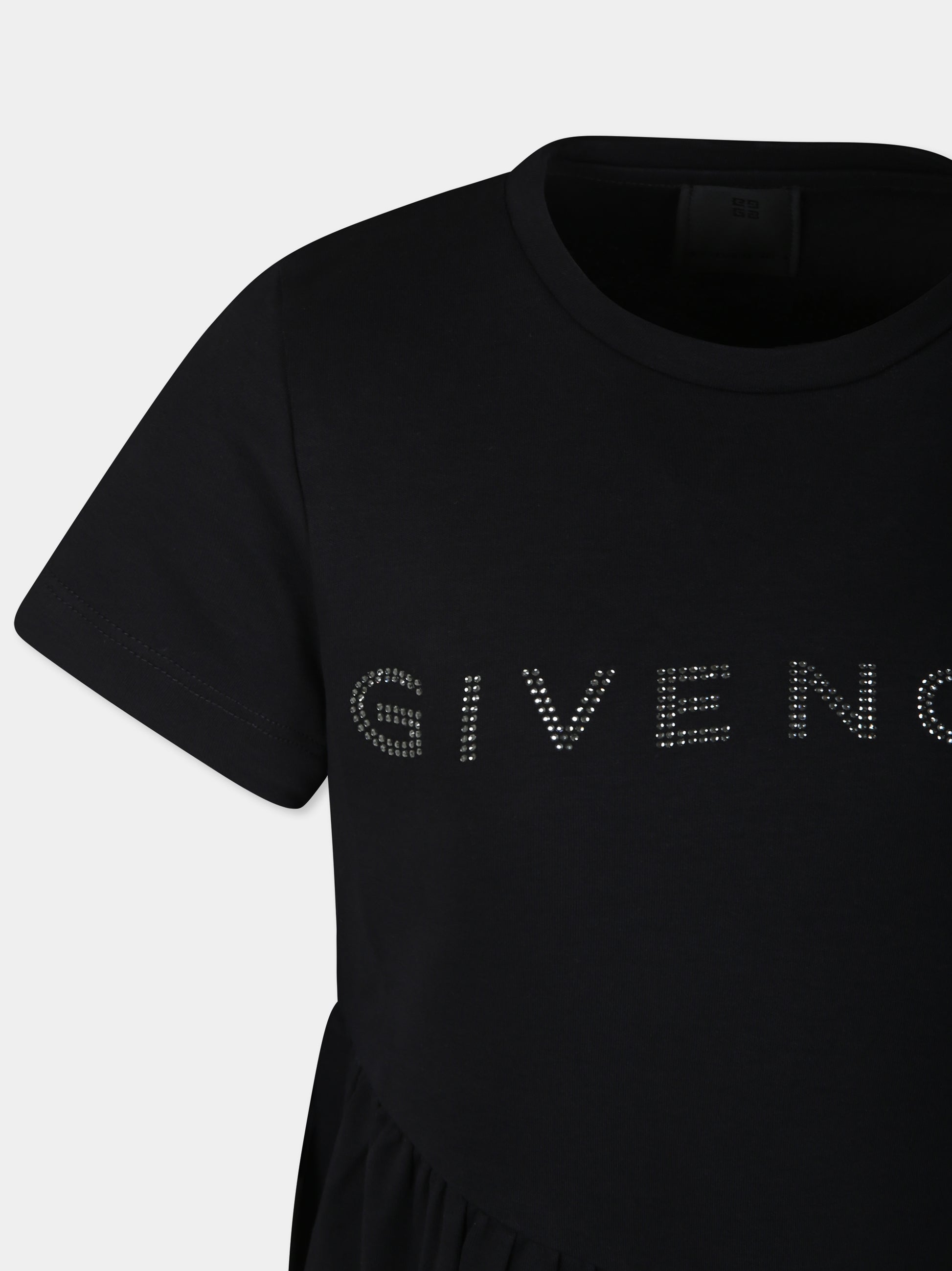 Vestito nero per bambina con logo e strass,Givenchy Kids,H30385 09B