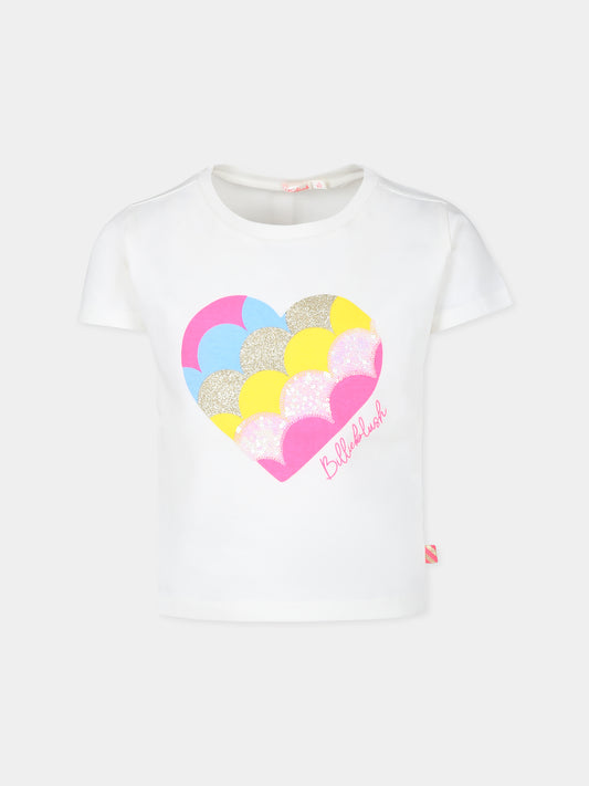 T-shirt avorio per bambina con cuore e paillettes,Billieblush,U20482 121