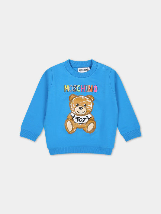 Felpa azzurra per neonati con Teddy Bear e logo multicolor,Moschino Kids,MTF04Q LCA64 41017