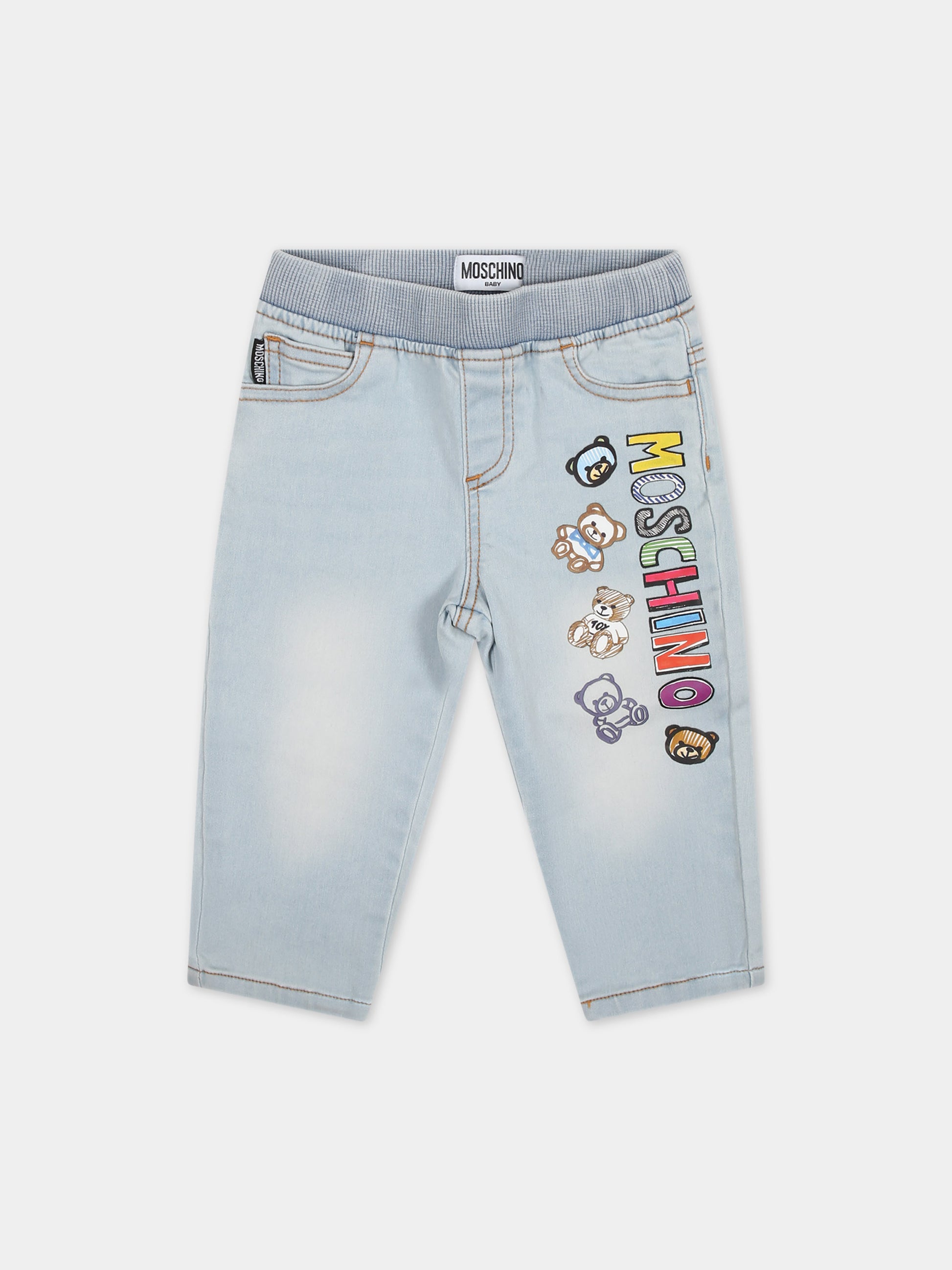 Jeans in denim per neonato con Teddy Bear e logo multicolor,Moschino Kids,MUP04H LXE49 40511