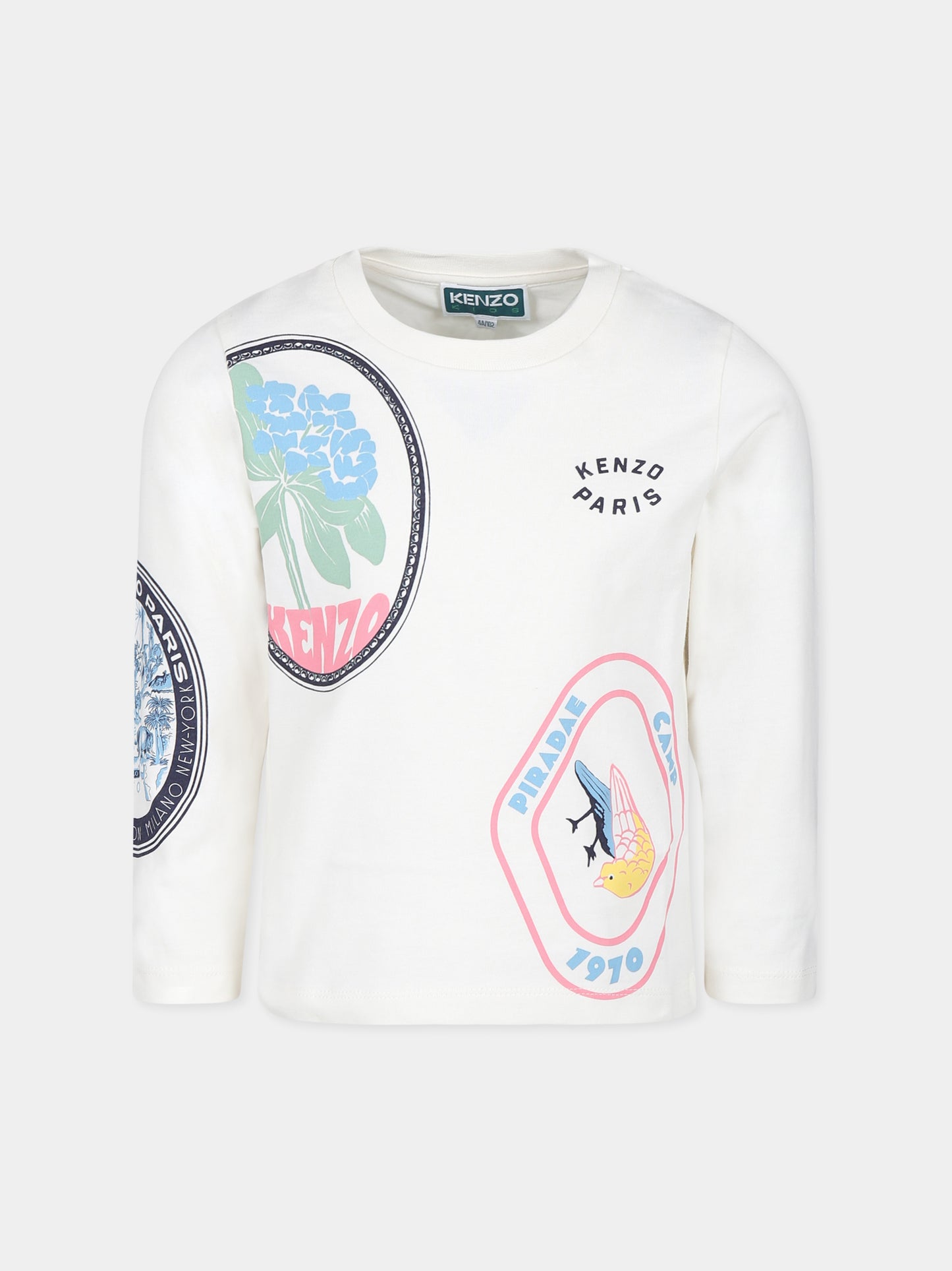 T-shirt avorio per bambina con stampa e logo,Kenzo Kids,K60715 121