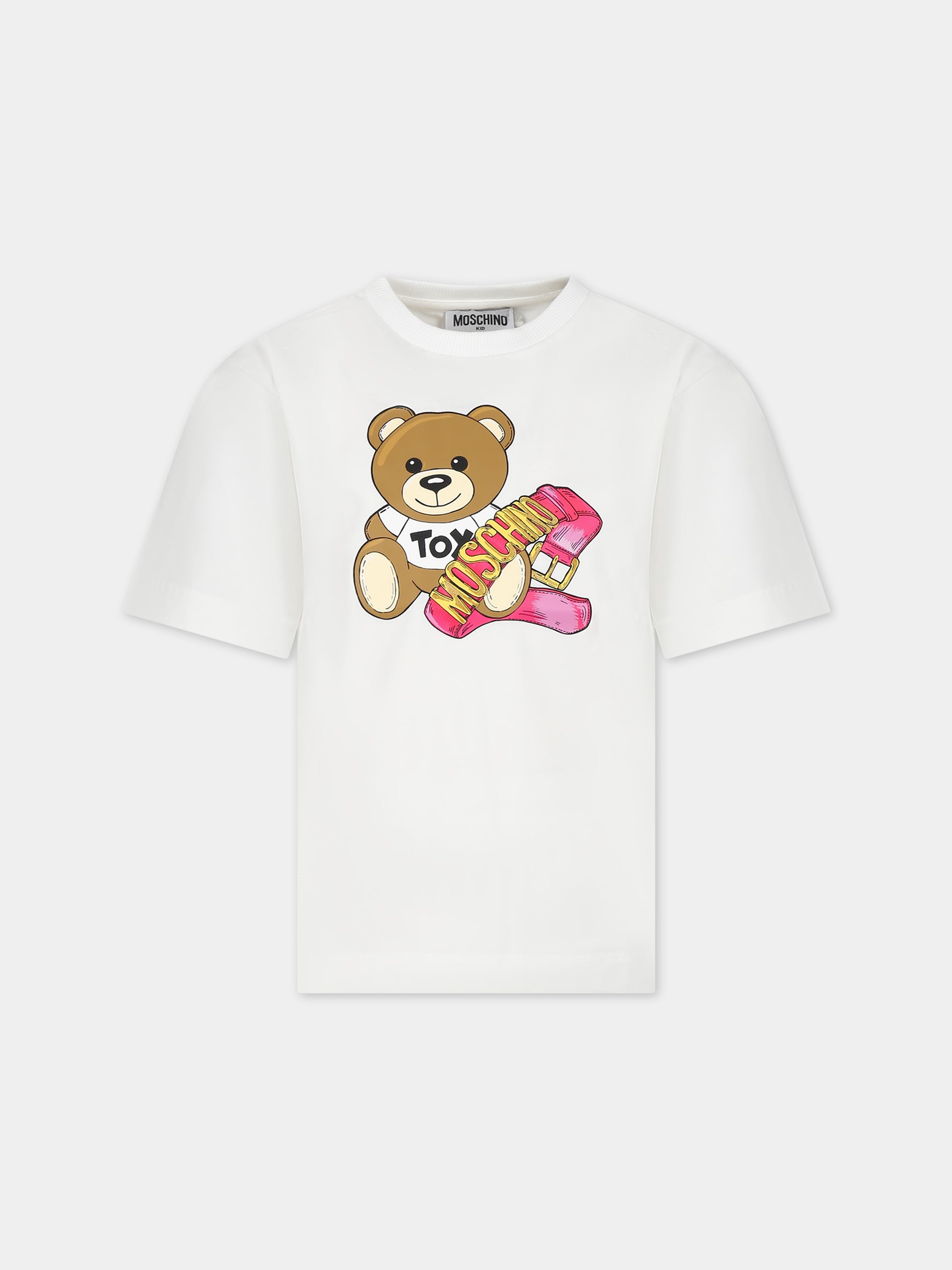 Maxi t-shirt bianca per bambina con Teddy Bear e logo,Moschino Kids,H3M02T LBA11 10063