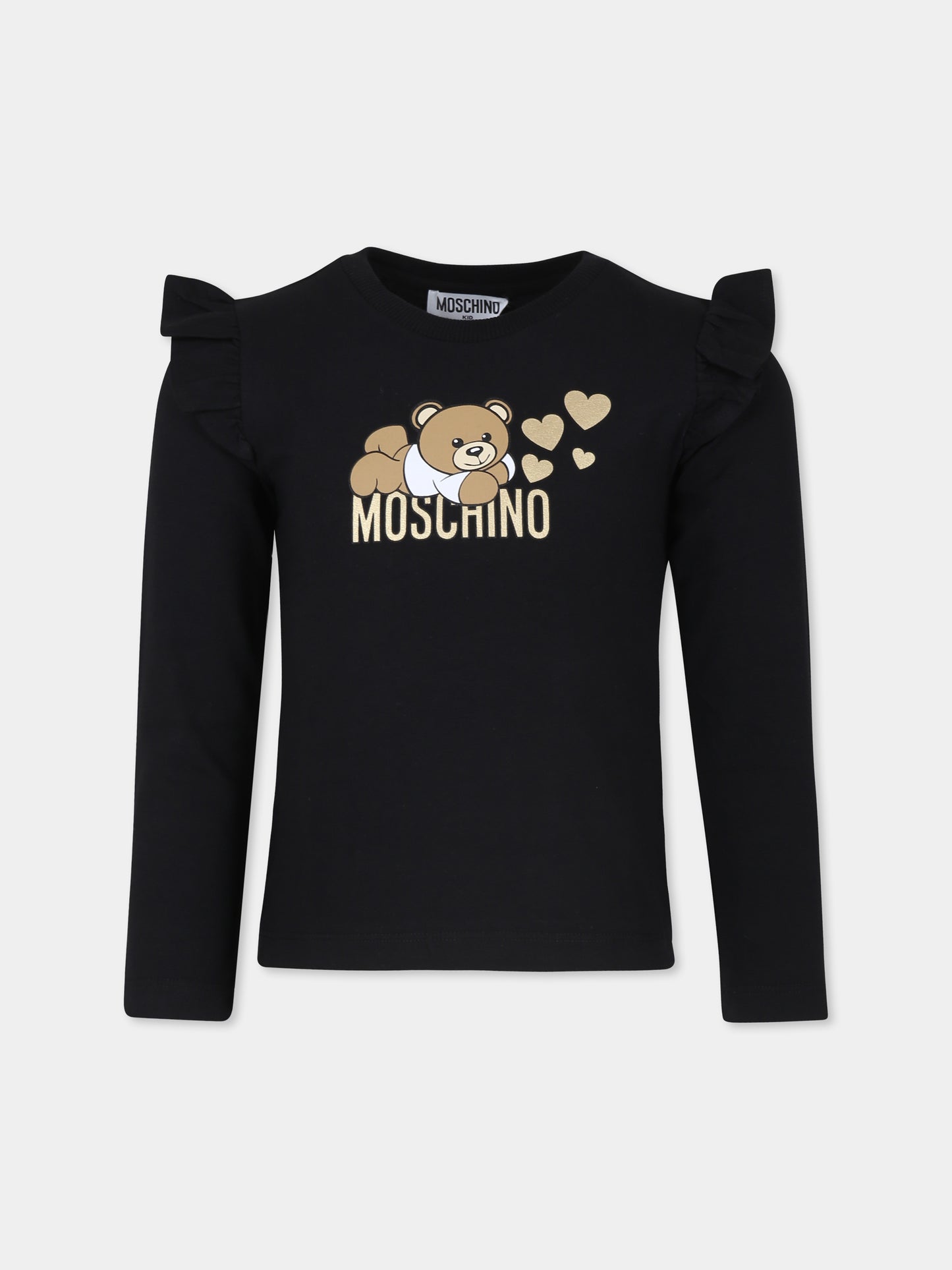 T-shirt nera per bambina con Teddy Bear e cuori,Moschino Kids,HDO00T LBA11 60100