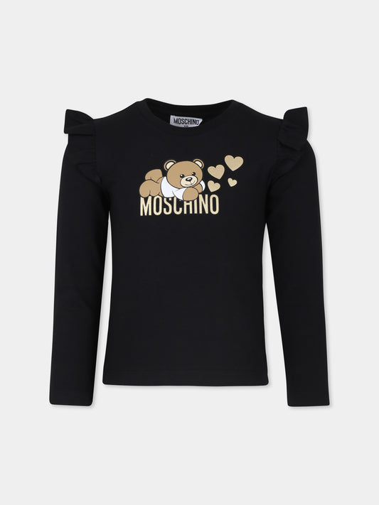 T-shirt nera per bambina con Teddy Bear e cuori,Moschino Kids,HDO00T LBA11 60100