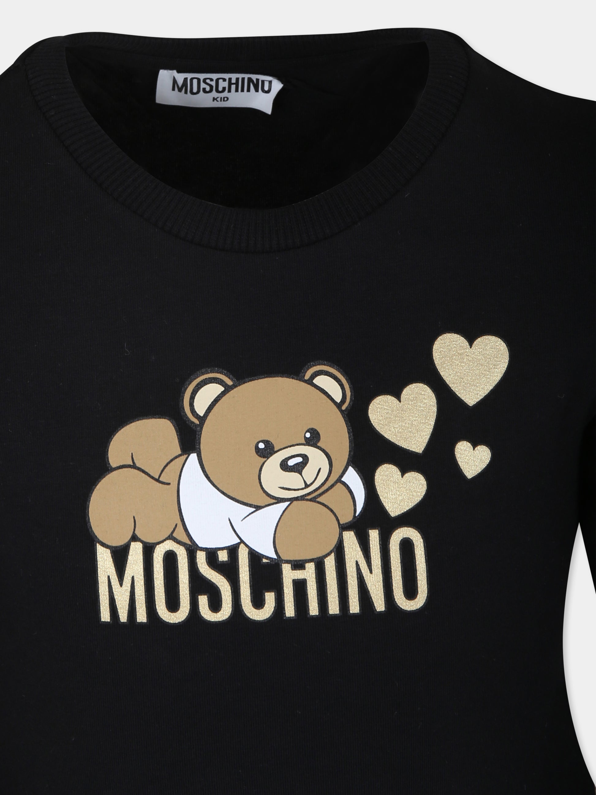 T-shirt nera per bambina con Teddy Bear e cuori,Moschino Kids,HDO00T LBA11 60100