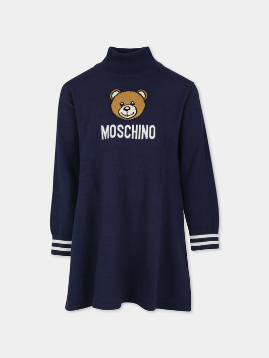 Vestito blu per bambina con Teddy Bear,Moschino Kids,HDV0FF LHE43 40016