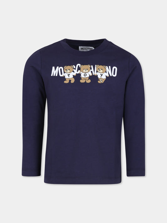 T-shirt blu per bambini con tre Teddy Bears,Moschino Kids,HQO00J LAA10 40016