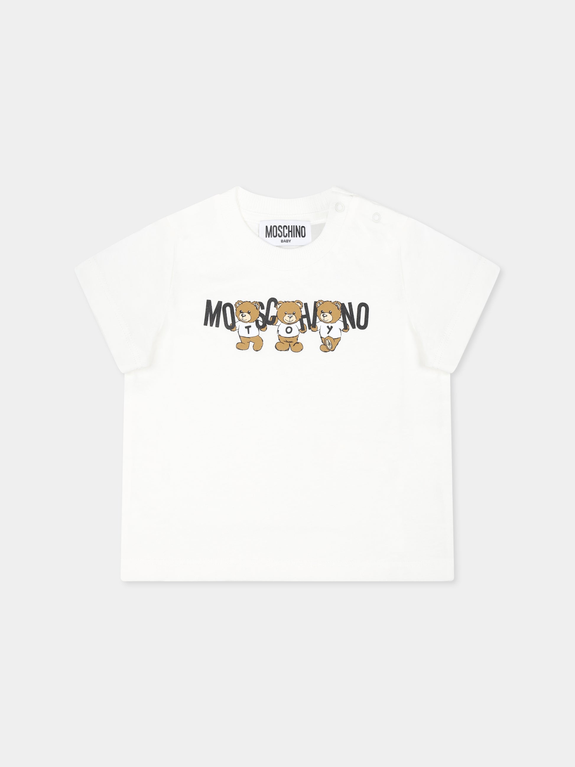 T-shirt avorio per neonati con tre Teddy Bears,Moschino Kids,M7M032 LAA10 10063